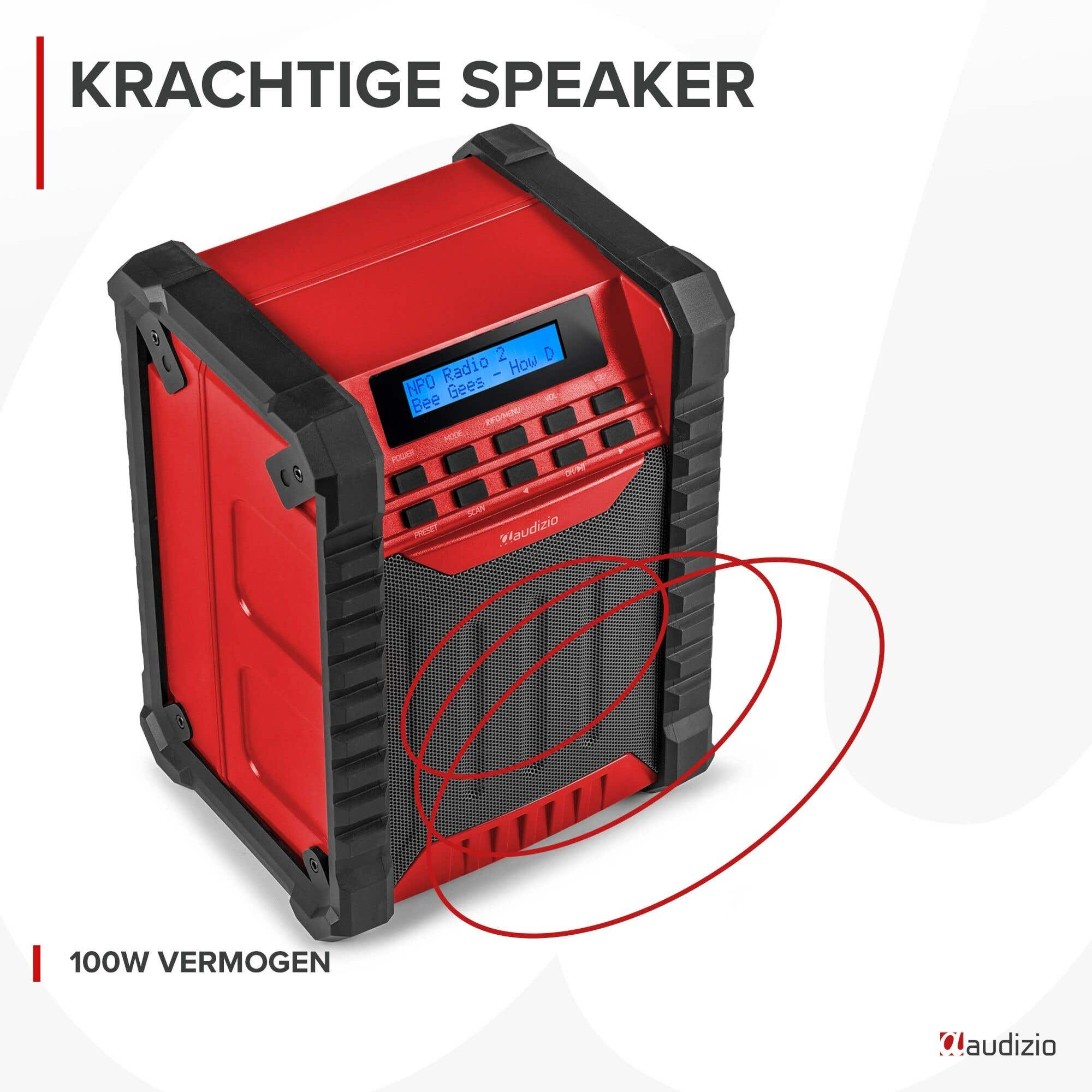 Ein roter und schwarzer Lautsprecher mit einem digitalen Display, das 