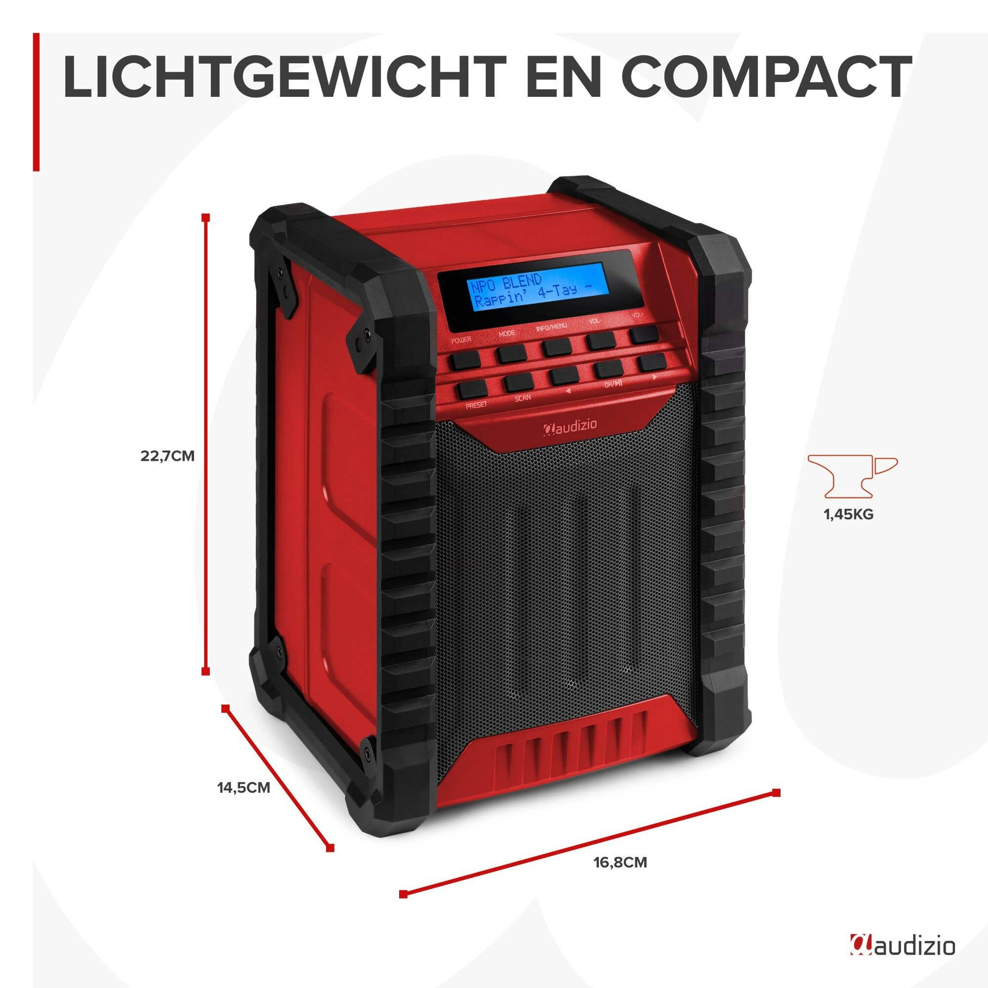 Ein roter, kompakter Lautsprecher mit schwarzen Akzenten und einem LCD-Display.