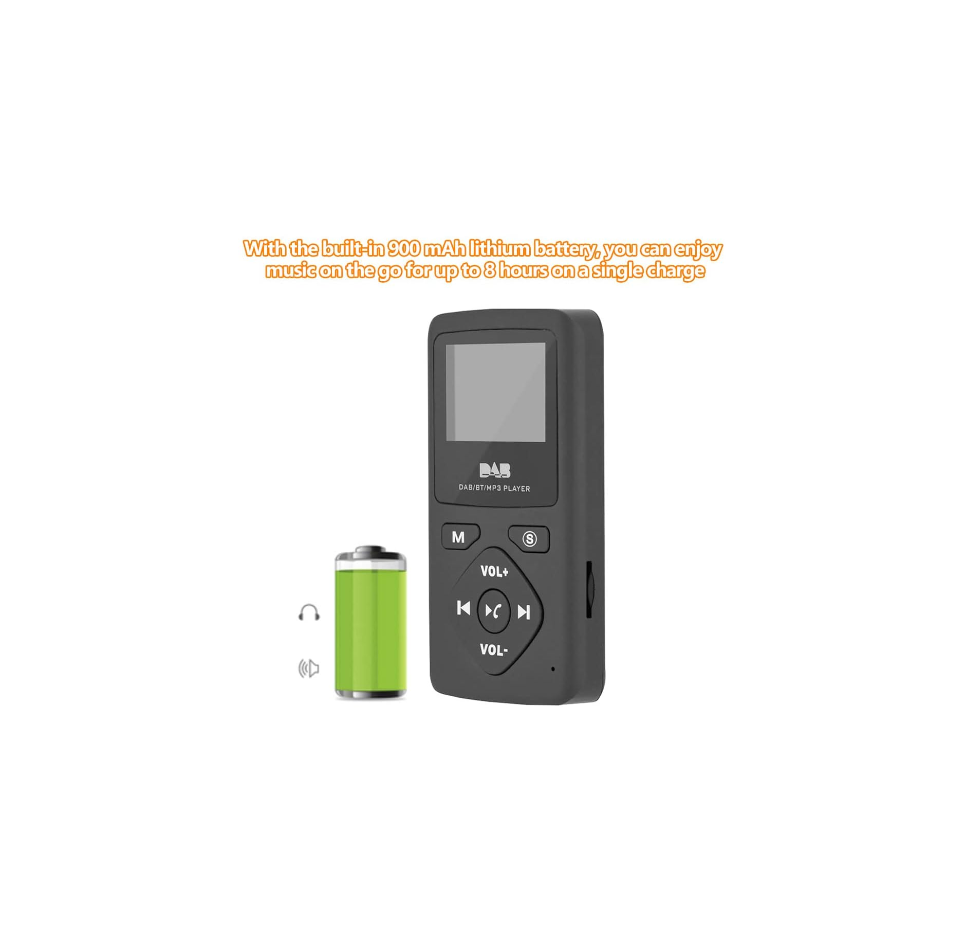Ein schwarzer MP3-Player mit einem grünen Akku und Kopfhörersymbol.