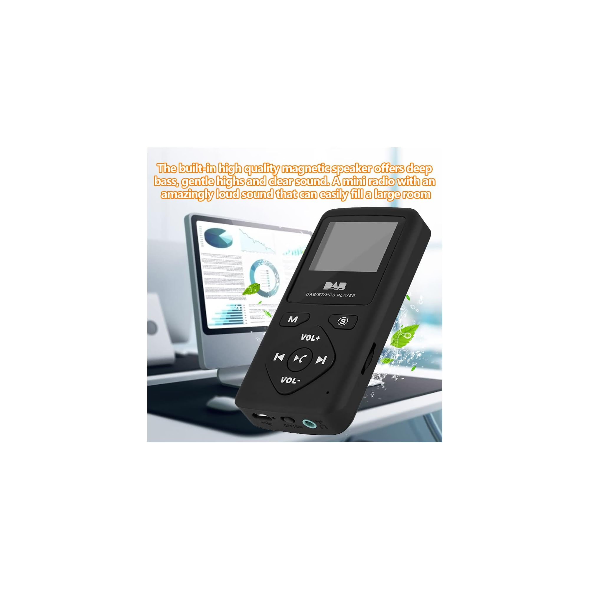 Ein schwarzer DAB/BT/MP3-Player mit Bedienelementen und einem Bildschirm.