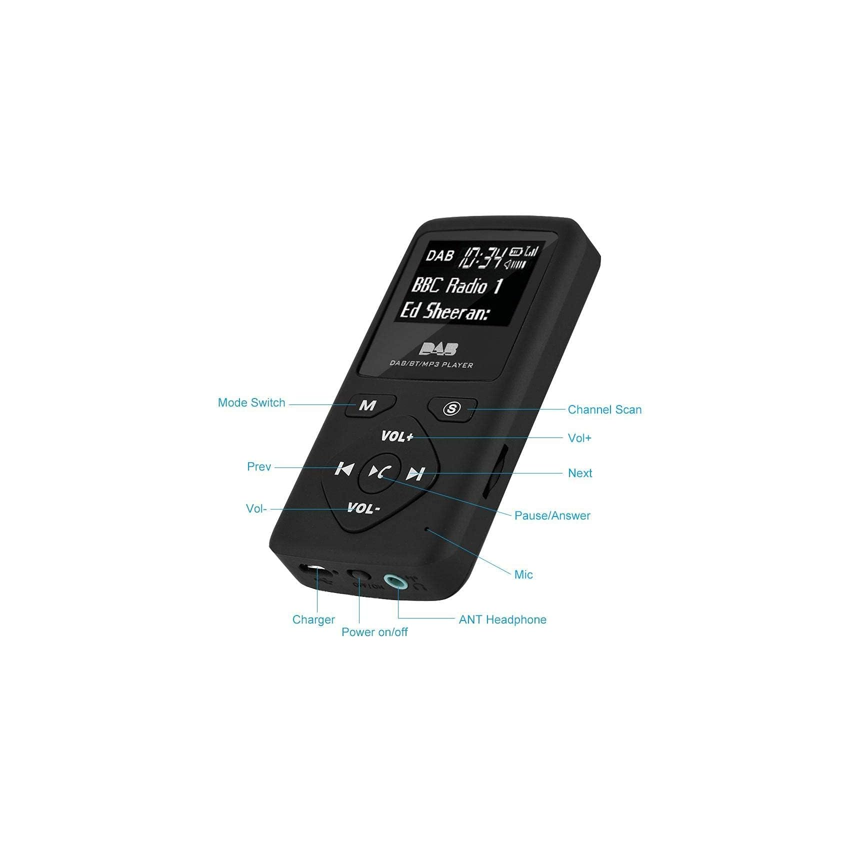Schwarzer DAB/BT/MP3-Player mit Display, das BBC Radio 1 und Ed Sheeran anzeigt.