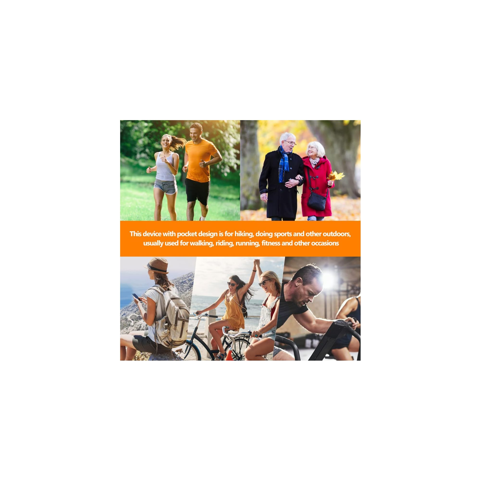 Collage zeigt Sportler, älteres Paar, Wanderer, Radfahrer und Fitnessstudio-Besucher.