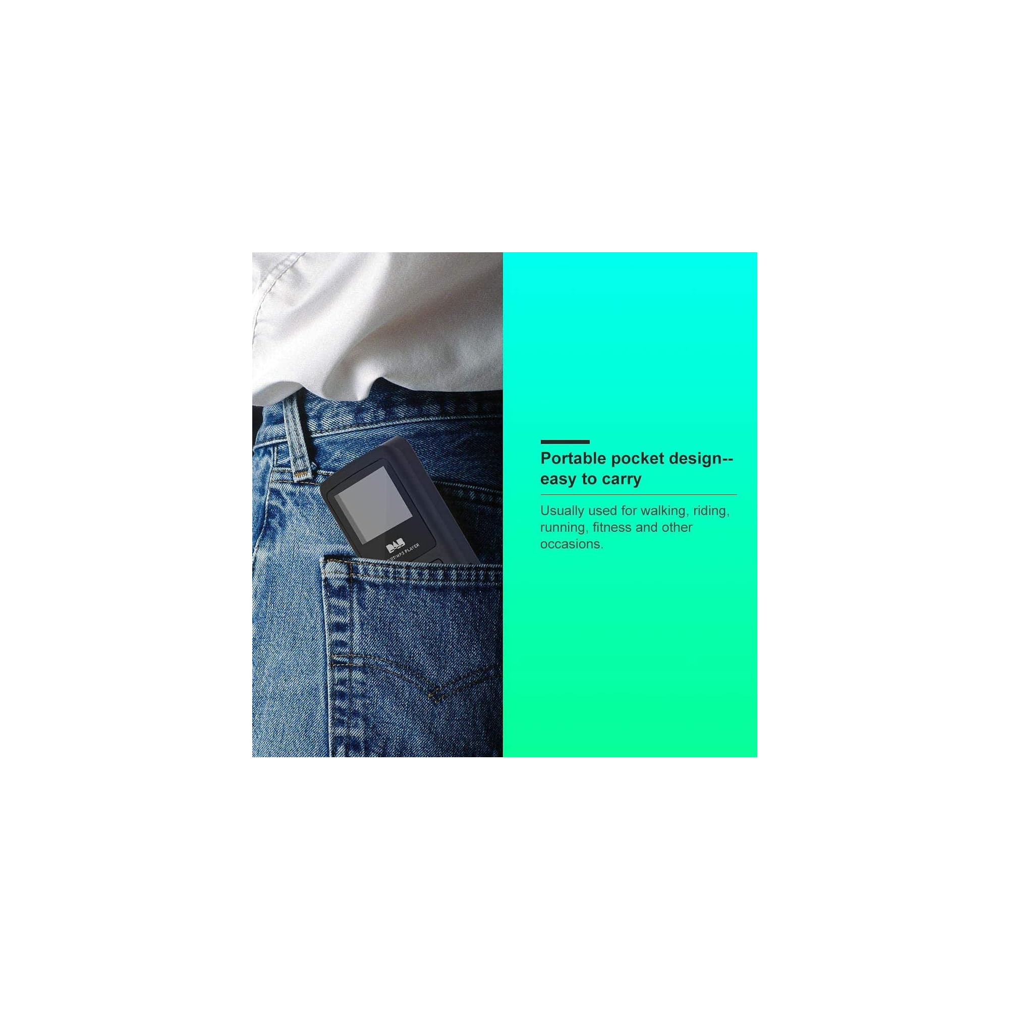 Ein schwarzer MP3-Player mit Bildschirm steckt in einer blauen Jeans-Tasche.