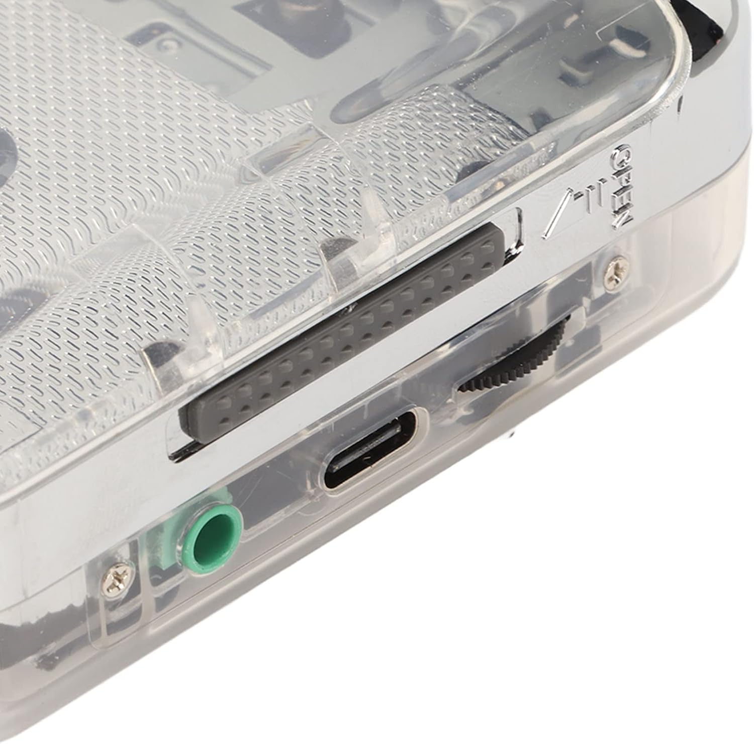 Nahaufnahme eines transparenten elektronischen Geräts aus Kunststoff mit grauem Schieberegler, USB-C-Anschluss, grünem Audioanschluss und Lautstärkerad.