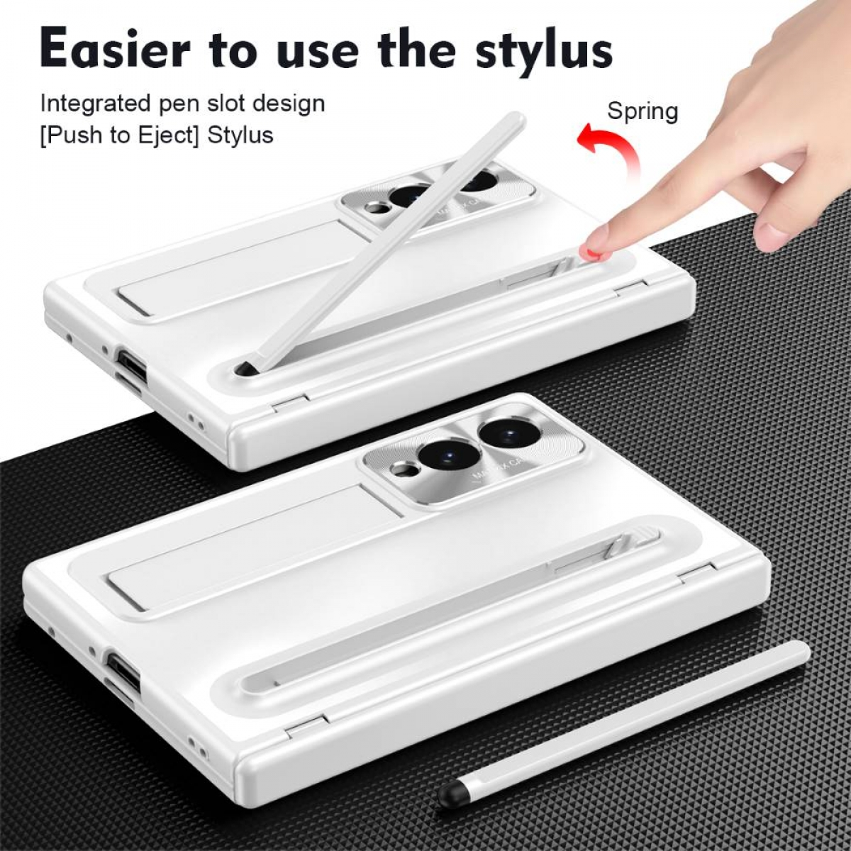 Weißes Handy mit integriertem Stifthalter und einem Stift daneben.
