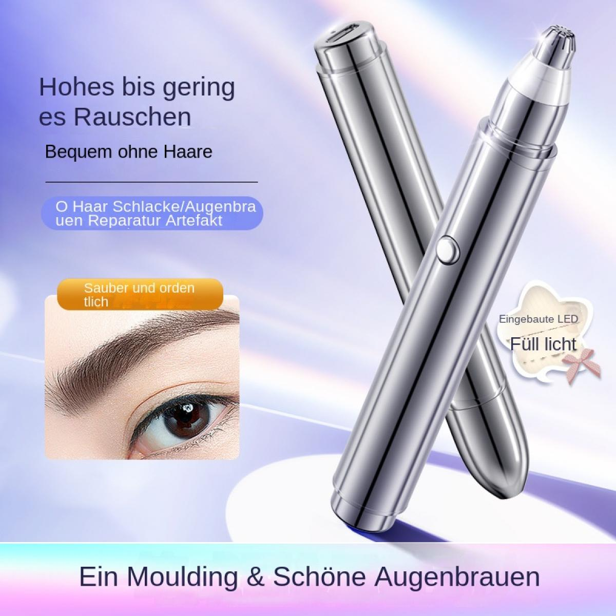Zwei silberne Haarentfernungsgeräte werden mit einer Nahaufnahme von Auge und Augenbraue und deutschen Texteinblendungen gezeigt.