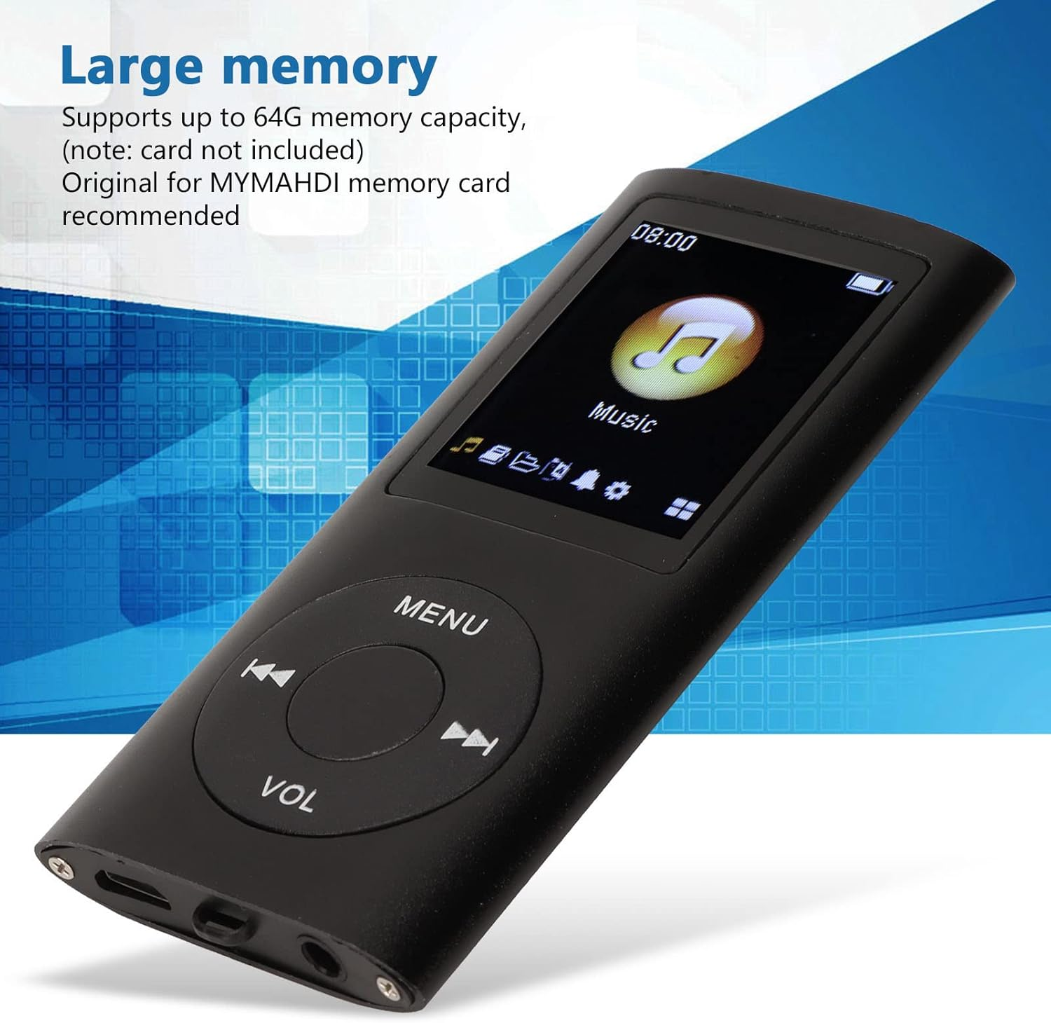 Schwarzer MP3-Player mit Farbdisplay, Menü und Lautstärkeregler.