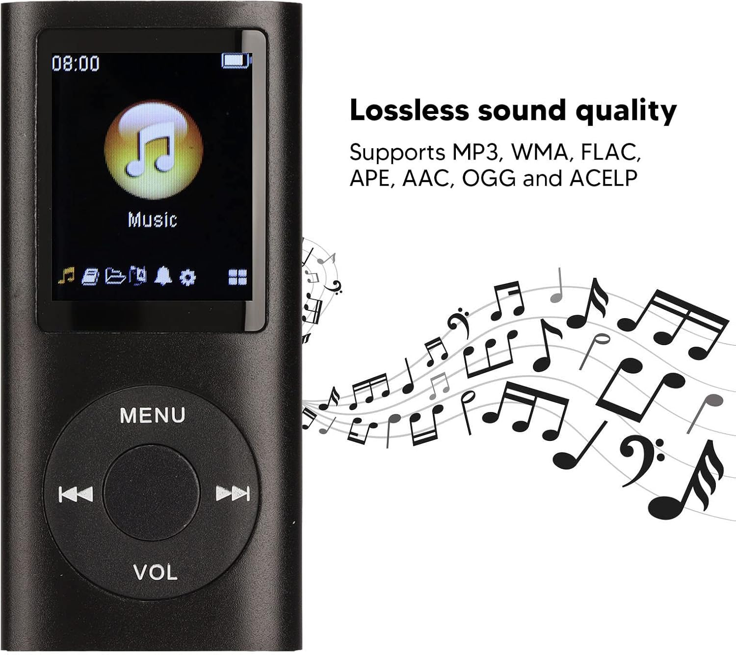Schwarzer MP3-Player mit Musiksymbol, Bedienelementen und Noten.