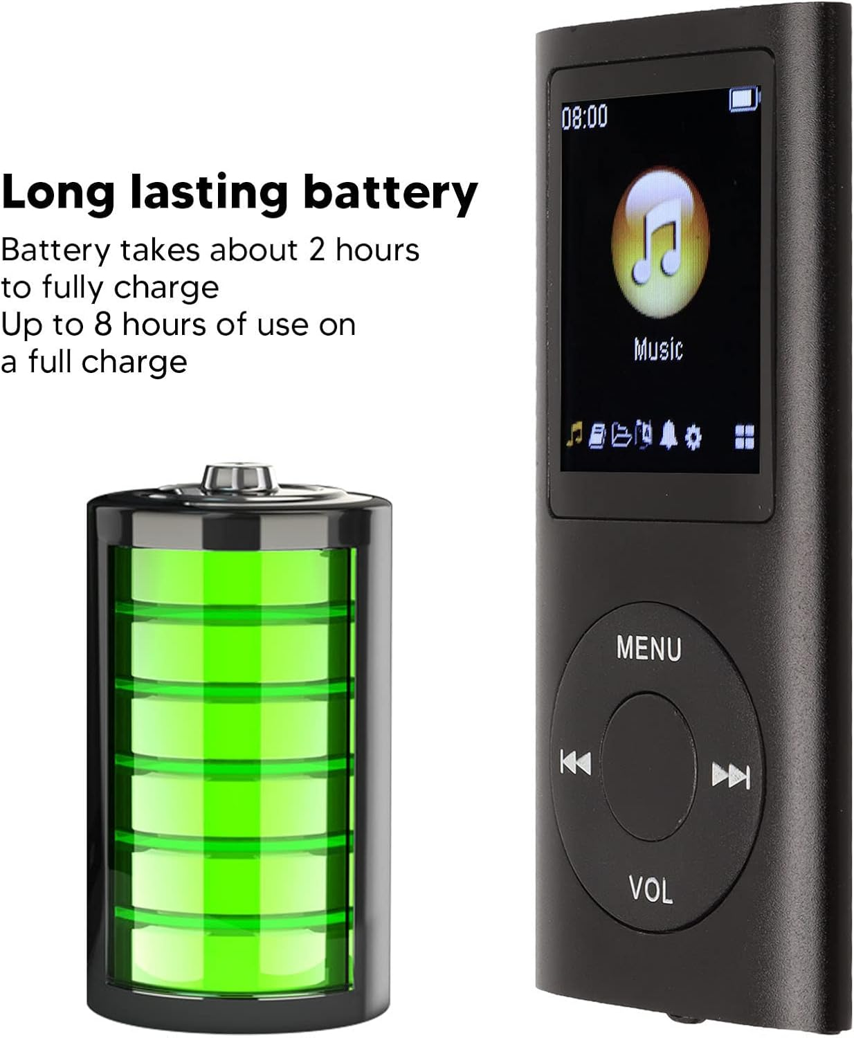 Ein schwarzer MP3-Player mit Musik-Symbol und voll aufgeladener grüner Batterieanzeige.