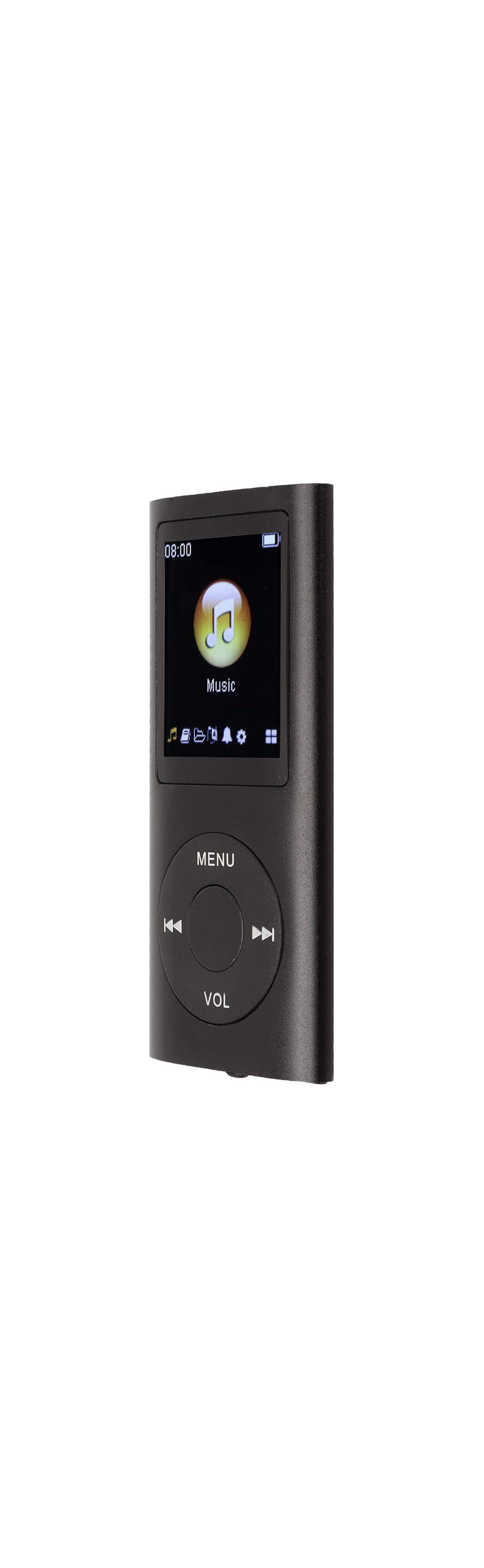Ein schwarzer MP3-Player mit einem kleinen Bildschirm, der Musik anzeigt.