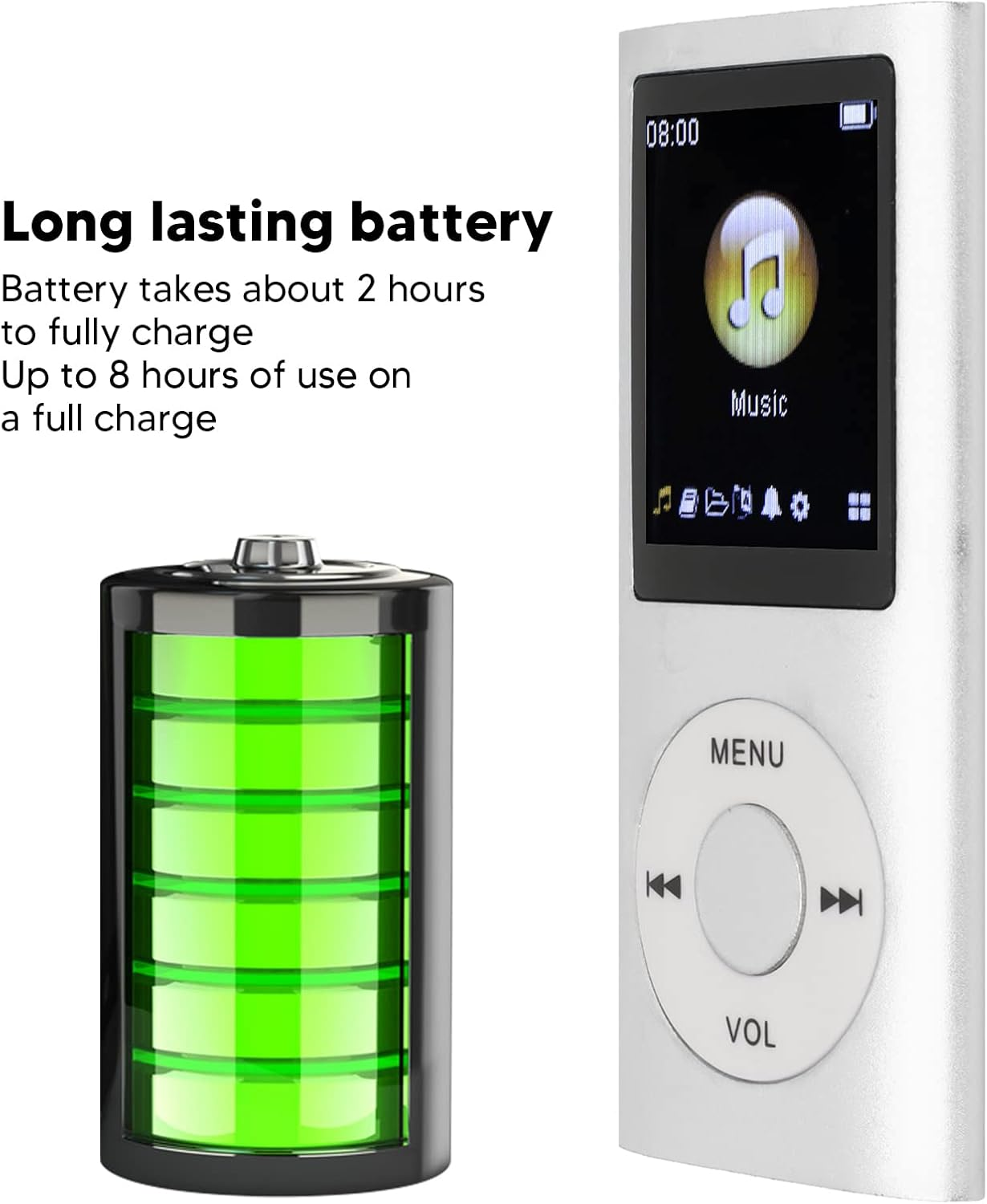 Ein silberner MP3-Player mit einem vollen Akku-Symbol und Text.