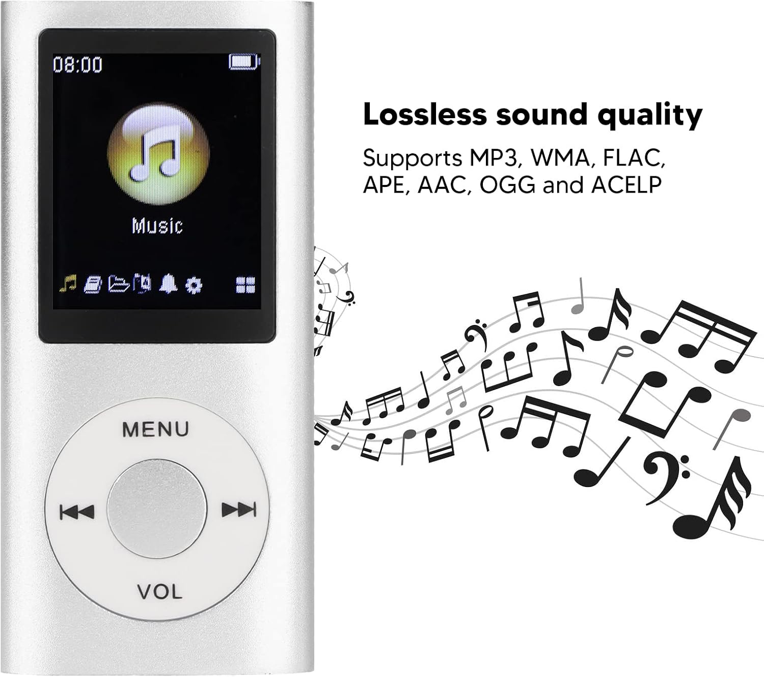 Silberner MP3-Player mit Musiknoten-Grafik und Text zu verlustfreier Klangqualität.