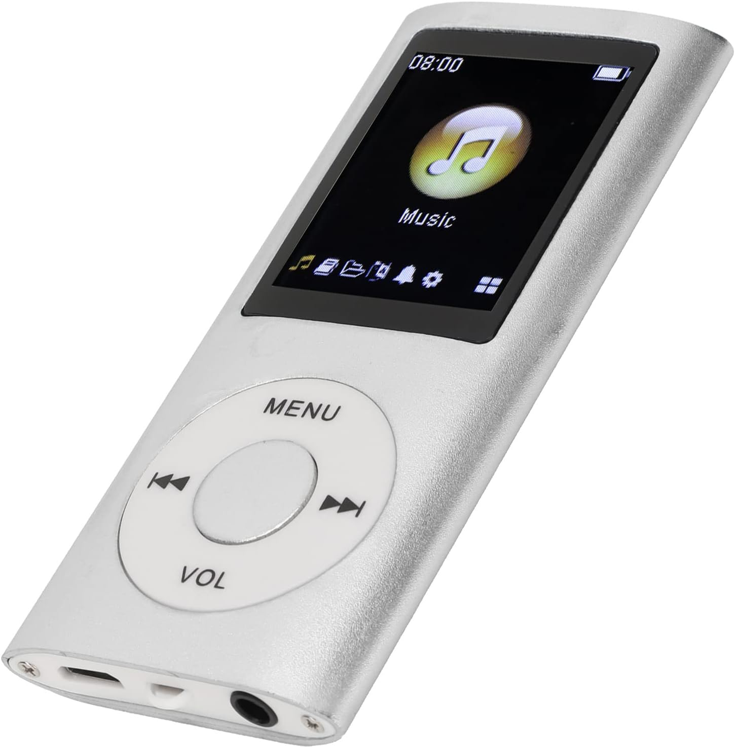 Ein silberner MP3-Player mit einem runden Navigationsrad und einem Bildschirm.