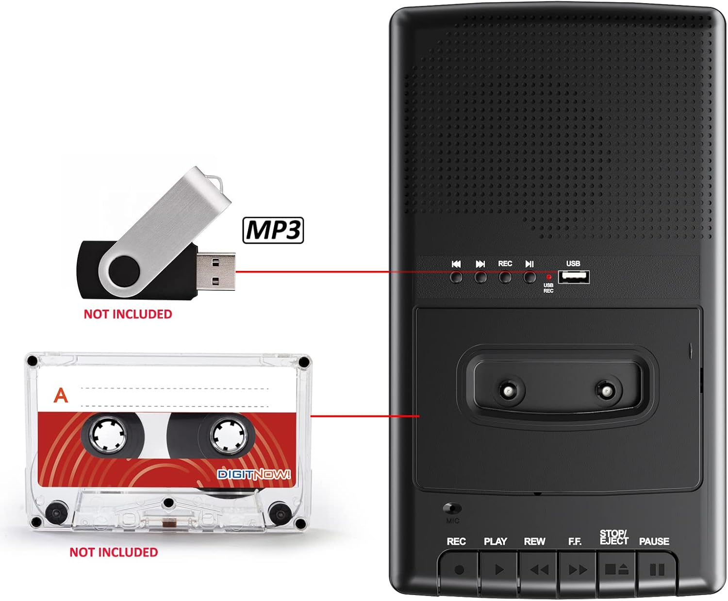 Ein schwarzer Rekorder mit Kassettendeck, USB-Anschluss und Wiedergabesteuerung. USB-Stick und Kassette separat gezeigt.
