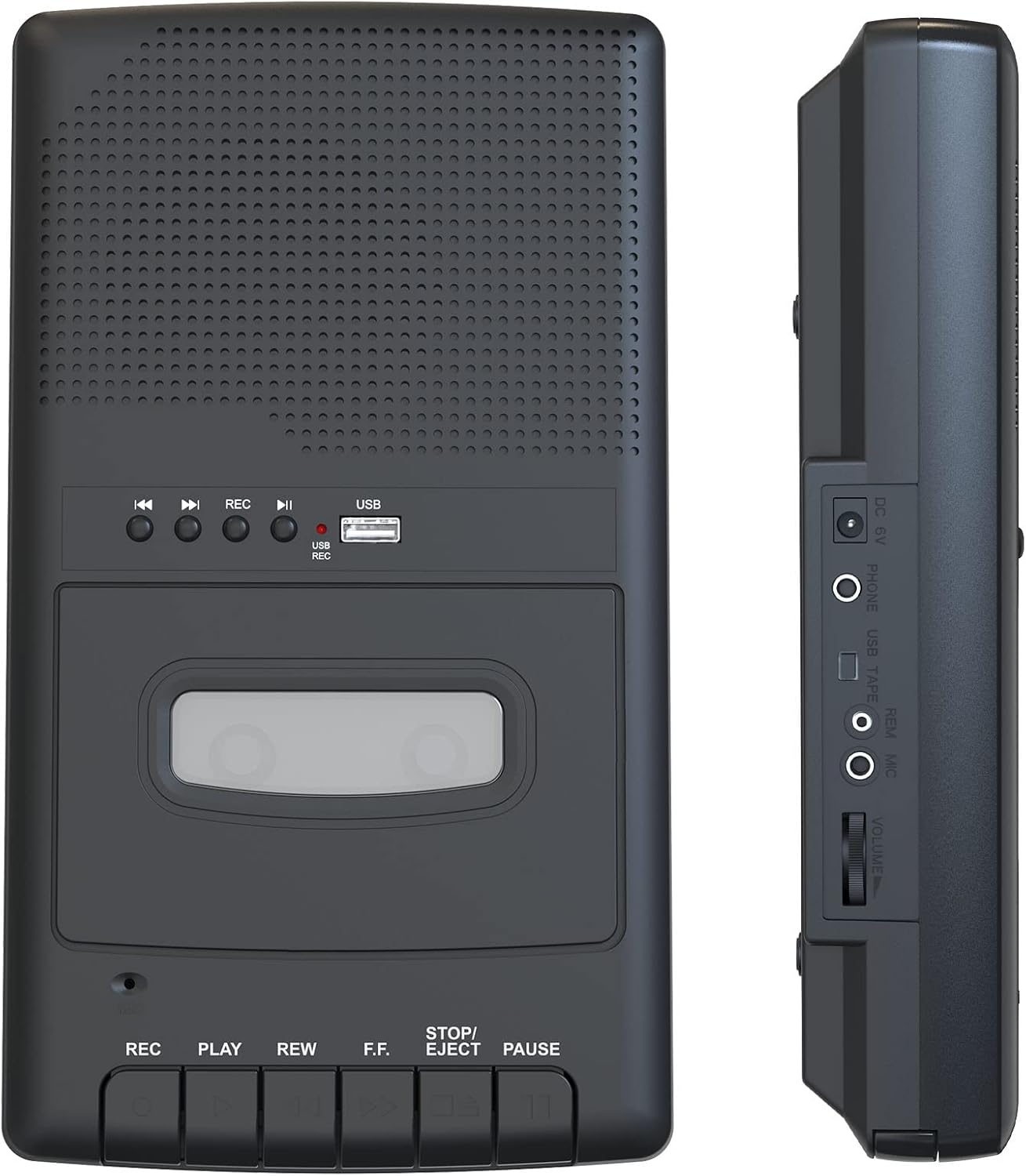 Ein schwarzer Kassettenrekorder mit Bedienelementen und einem USB-Anschluss.