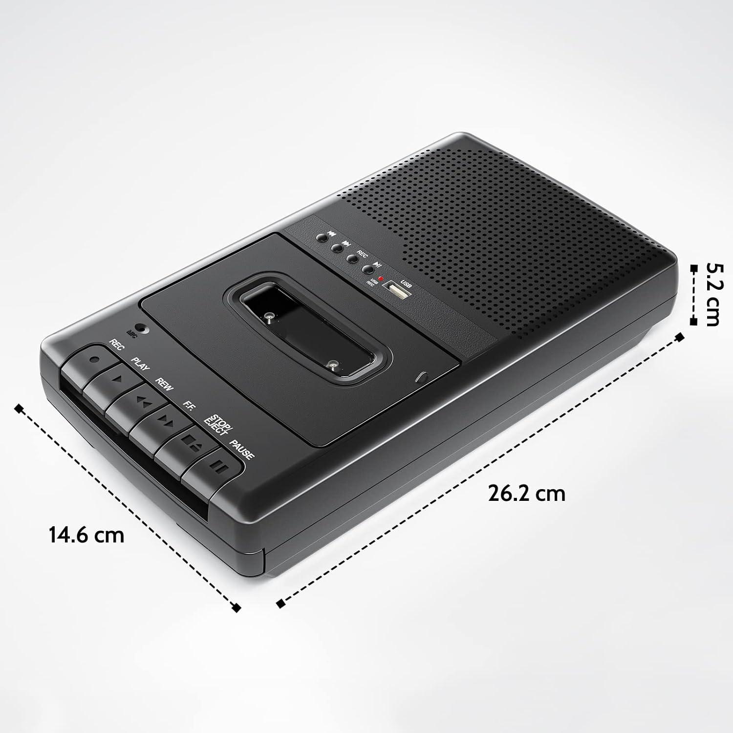 Schwarzer tragbarer Kassettenrekorder mit Bedienelementen und USB-Anschluss.