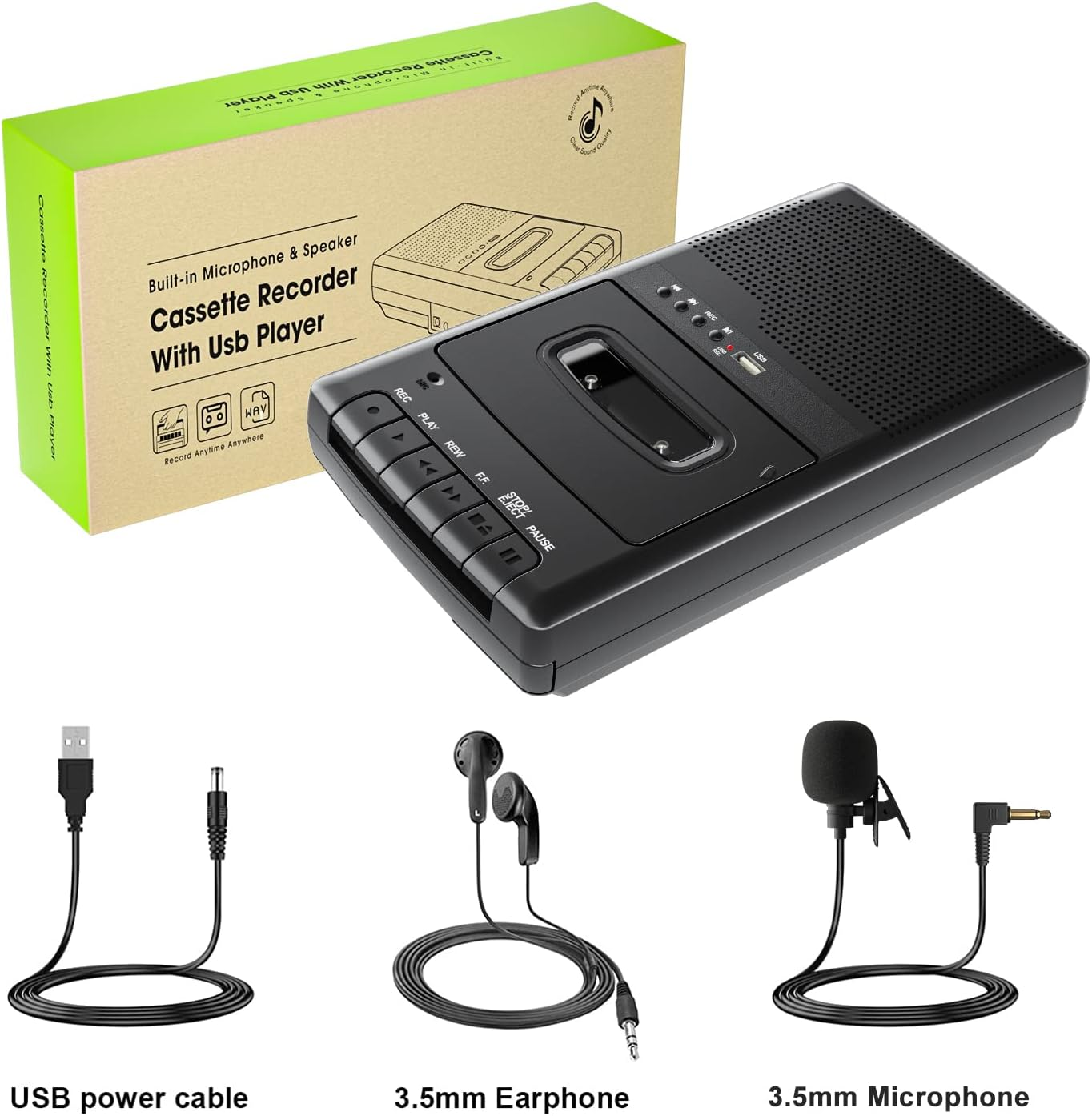 Ein schwarzes Kassettenrekorder-Set mit Zubehör: USB-Kabel, Kopfhörer, Mikrofon und Box.