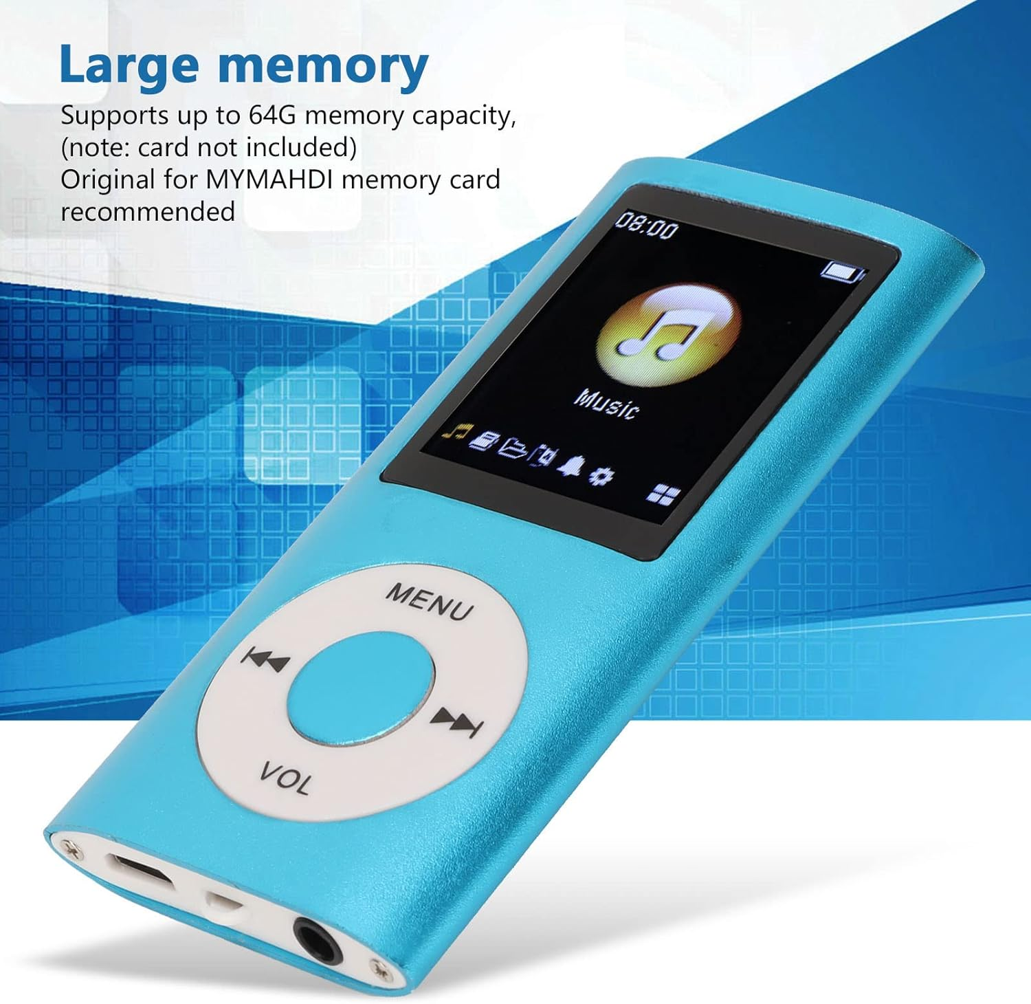 Ein blauer MP3-Player mit Musiksymbol auf dem Bildschirm und Steuerungstasten.