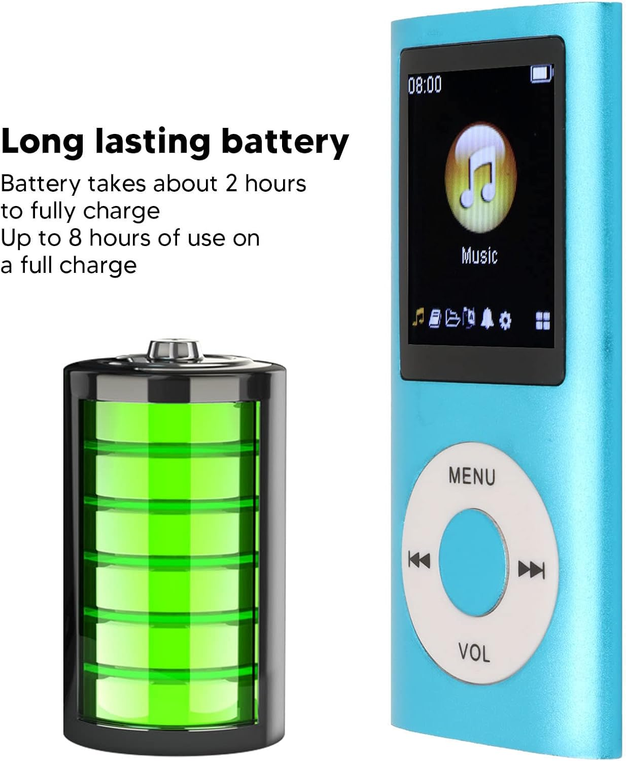 Ein hellblauer MP3-Player mit einem Bildschirm, der "Music" anzeigt, und einem voll geladenen Batteriesymbol, neben einer Batterie-Grafik.