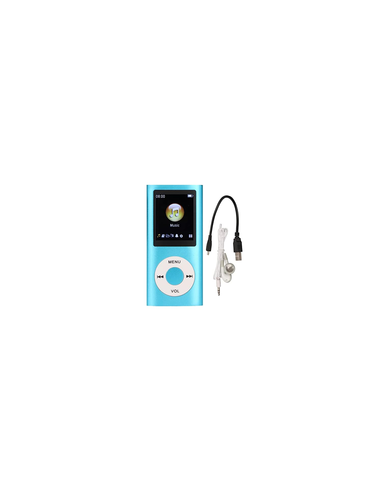 Ein hellblauer MP3-Player mit Kopfhörern und Ladekabel auf weißem Hintergrund.