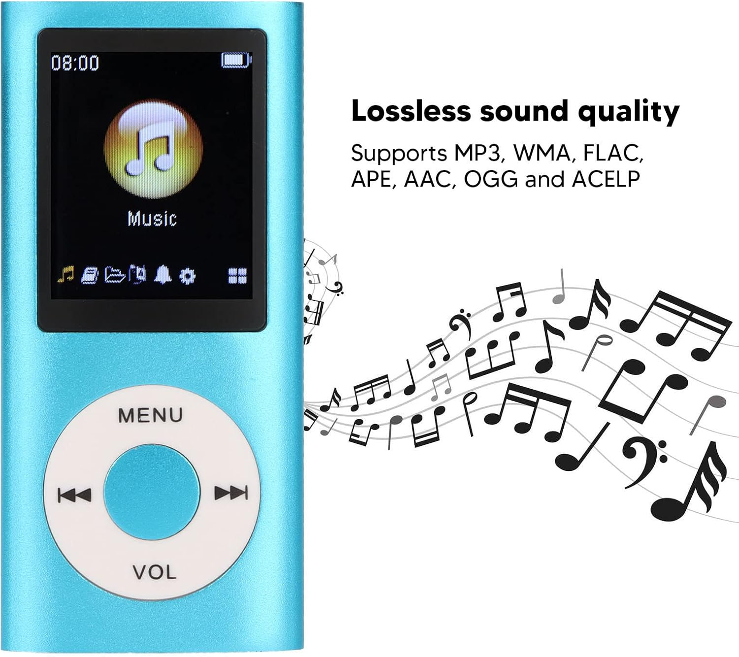 Ein blauer MP3-Player mit Musiksymbol und Noten. Unterstützt FLAC.