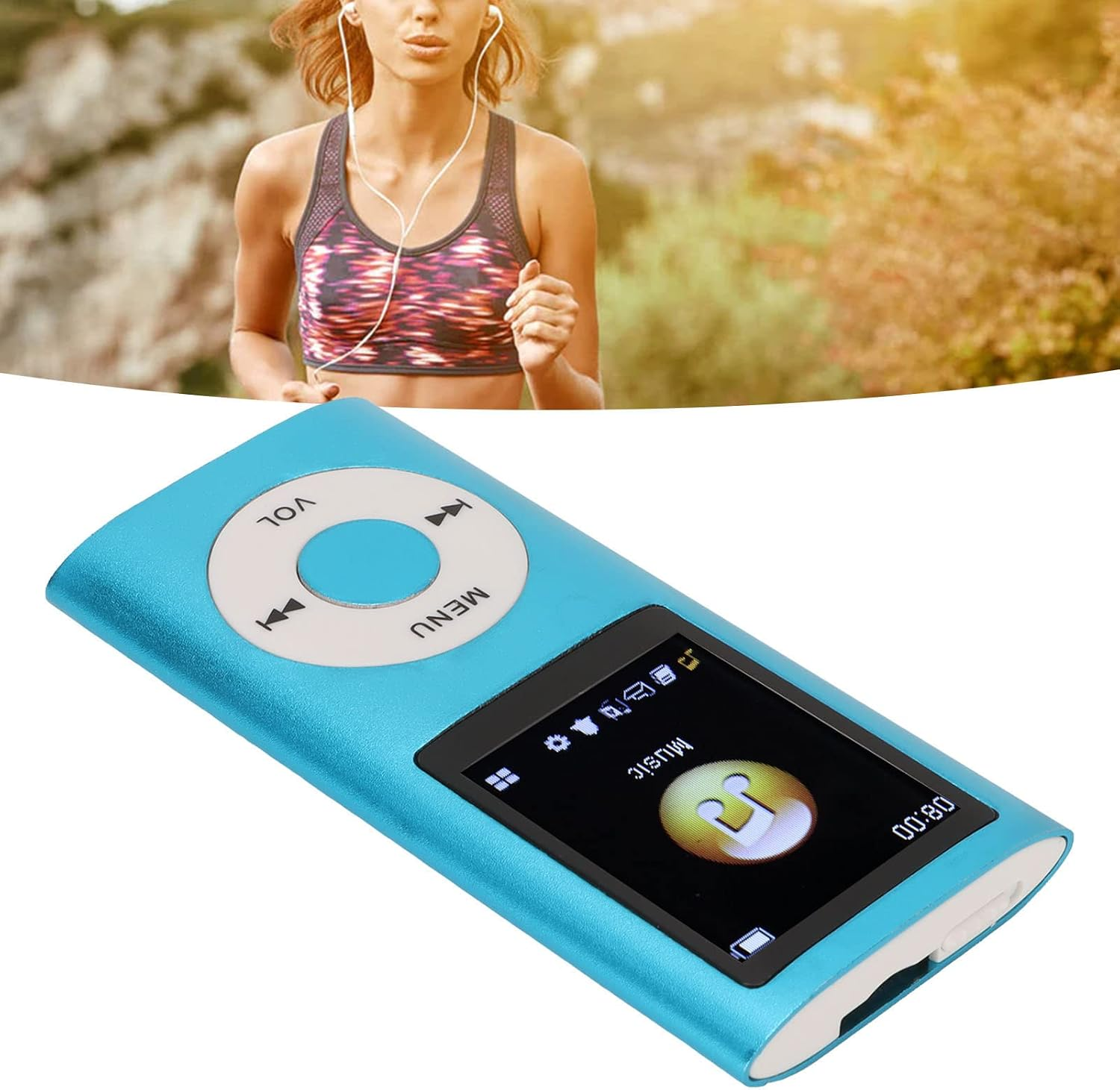 Ein türkisfarbener MP3-Player mit Musikanzeige und einer Läuferin im Hintergrund.