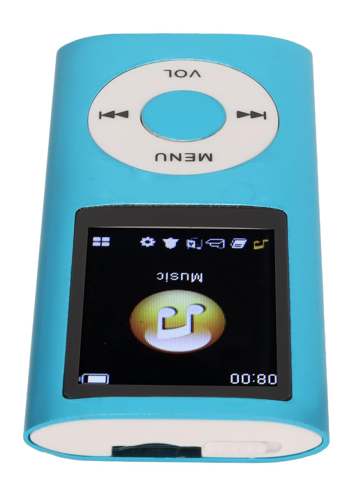 Ein blauer MP3-Player mit einem runden Navigationsknopf und einem kleinen Bildschirm.