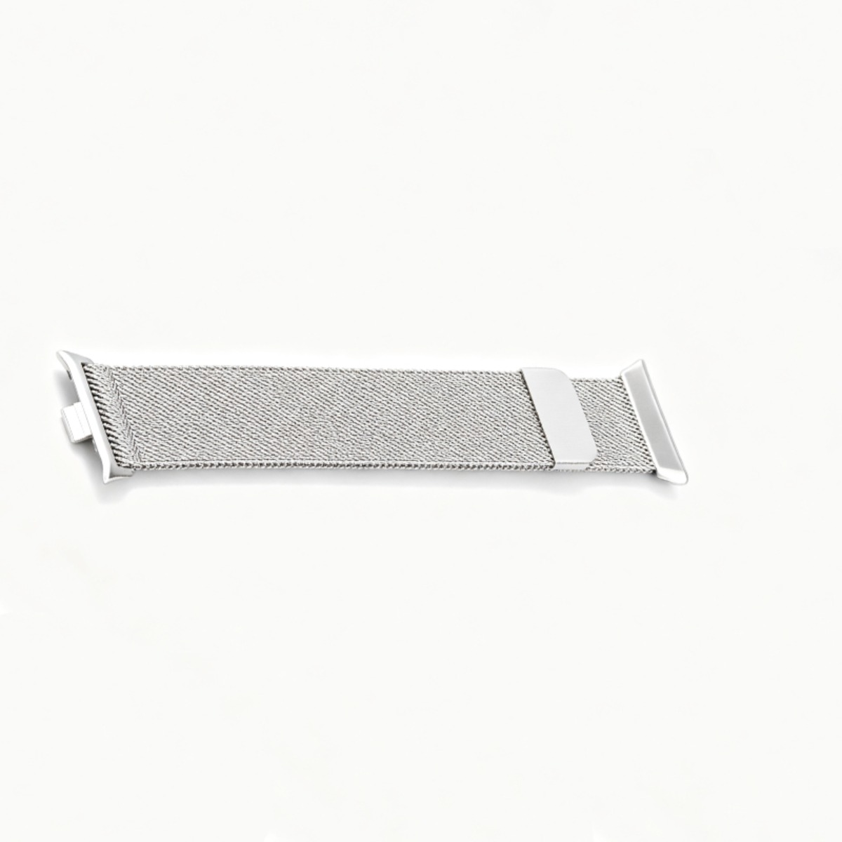 Ein silbernes, flexibles Metallarmband mit einem Magnetverschluss.