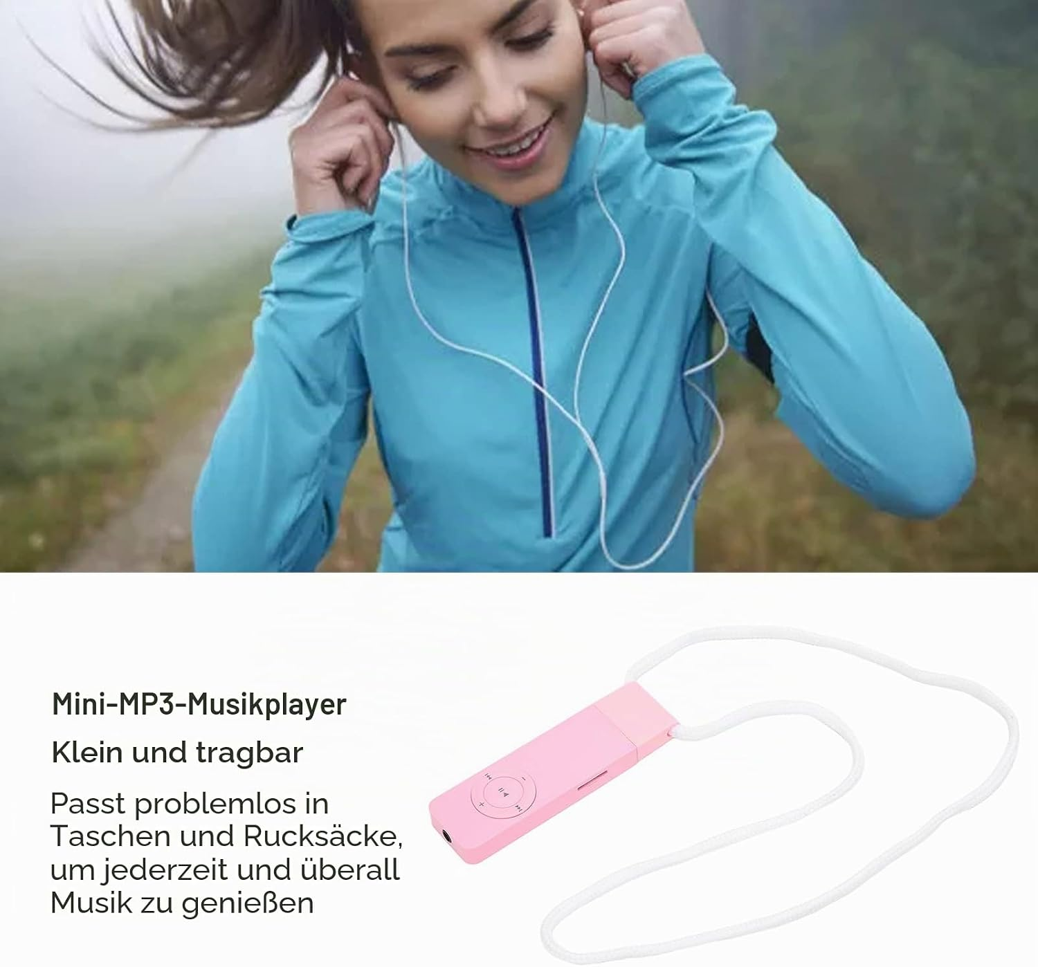 Frau mit Kopfhörern beim Joggen, daneben ein pinker MP3-Player.
