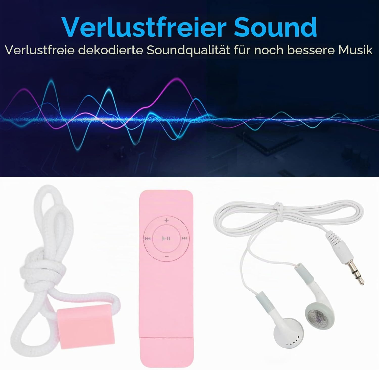 Ein pinker MP3-Player mit weißen Kopfhörern und einem pinken Schlüsselband vor einem dunklen Hintergrund mit blauen und pinken Schallwellen.