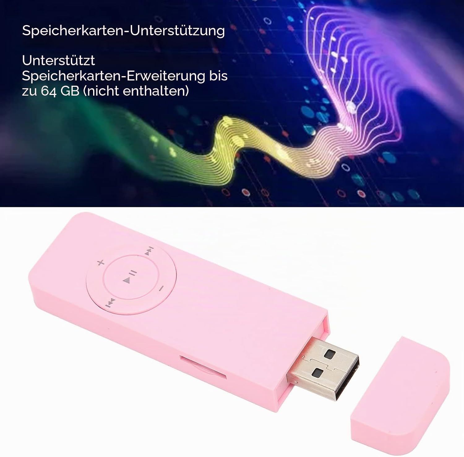 Ein rosafarbener MP3-Player mit USB-Anschluss und Bedienelementen.