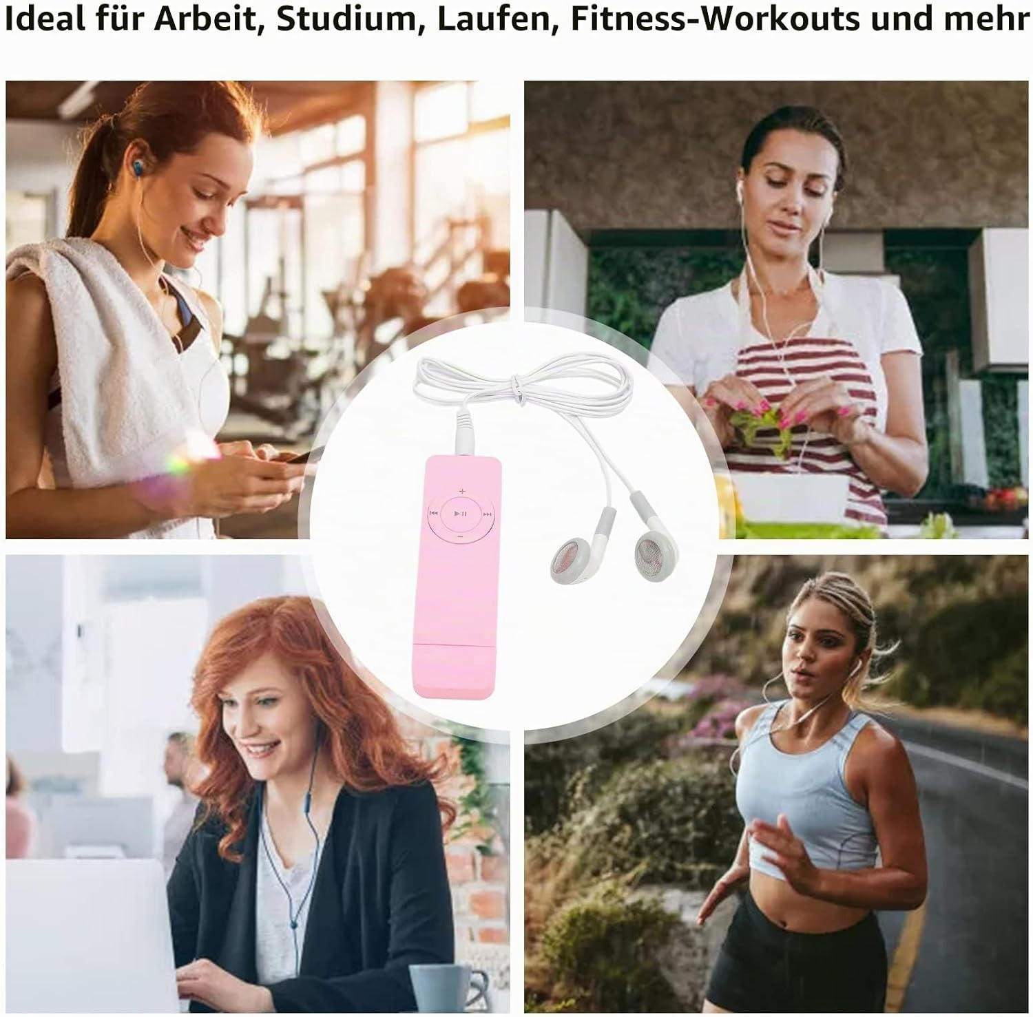 Vier Szenen: Frau im Fitnessstudio, Frau in der Küche, Frau am Laptop, Frau beim Joggen.
