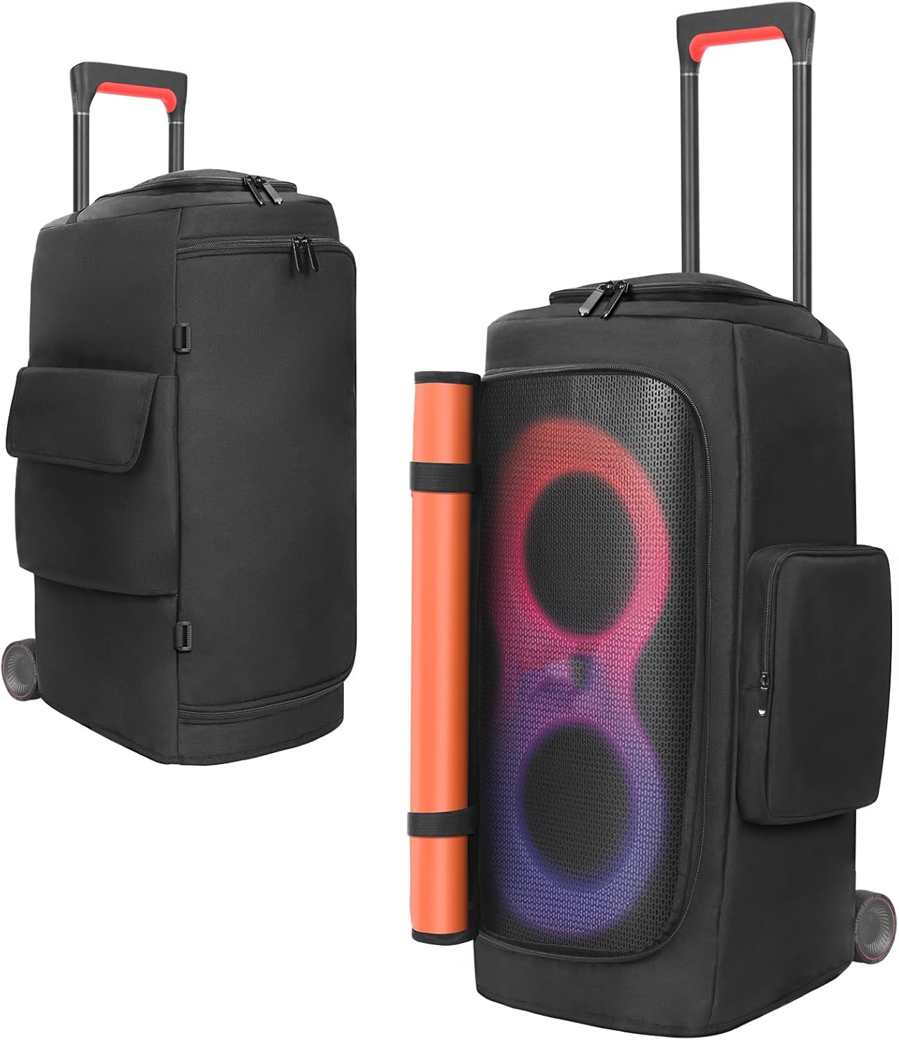 Schwarzer Rollkoffer mit einem orangefarbenen Rohr und leuchtenden Lichtern.