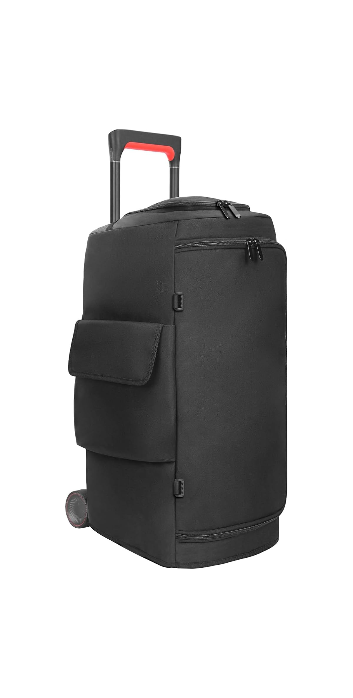 Schwarze Reisetasche mit Rädern und ausziehbarem Griff mit roten Akzenten.