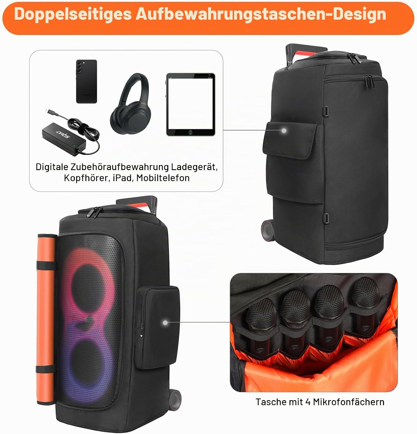 Vier Aufnahmen zeigen eine schwarze Tasche mit digitalem Zubehör, Kopfhörern, einem iPad und einem Handy.