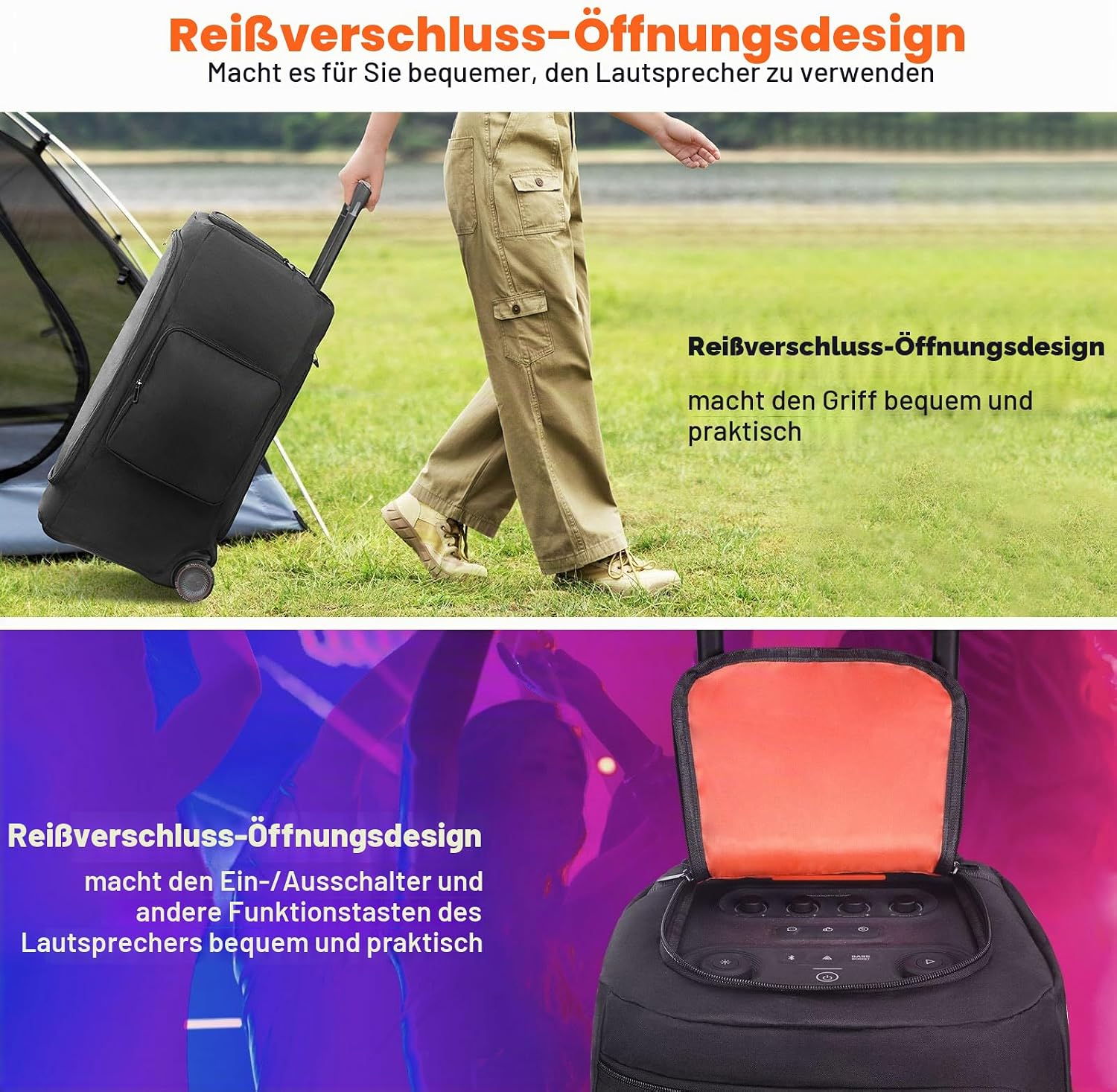 Person zieht einen schwarzen Koffer durch Gras neben einem Zelt.