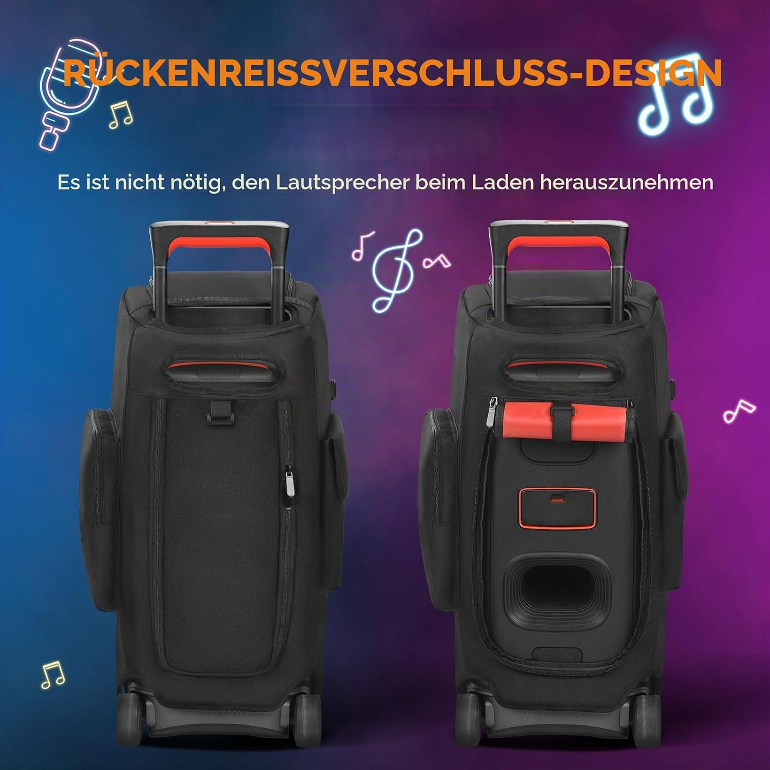 Zwei schwarze Koffer mit roten Akzenten, Rückansicht.