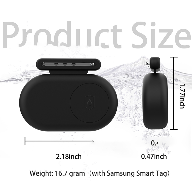 Schwarzer Samsung Smart Tag Maße: 5,54 cm L, 4,49 cm H, 1,19 cm B. Gewicht: 16,7 g.