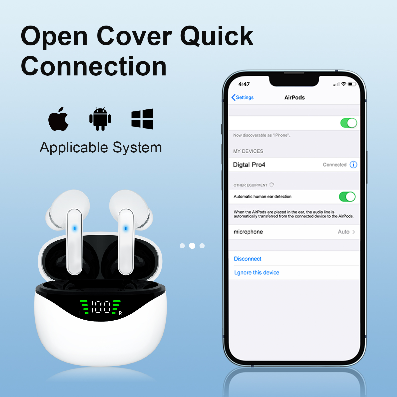 Weiße Ohrhörer in Ladecase mit iPhone-Bildschirm, der AirPods zeigt.