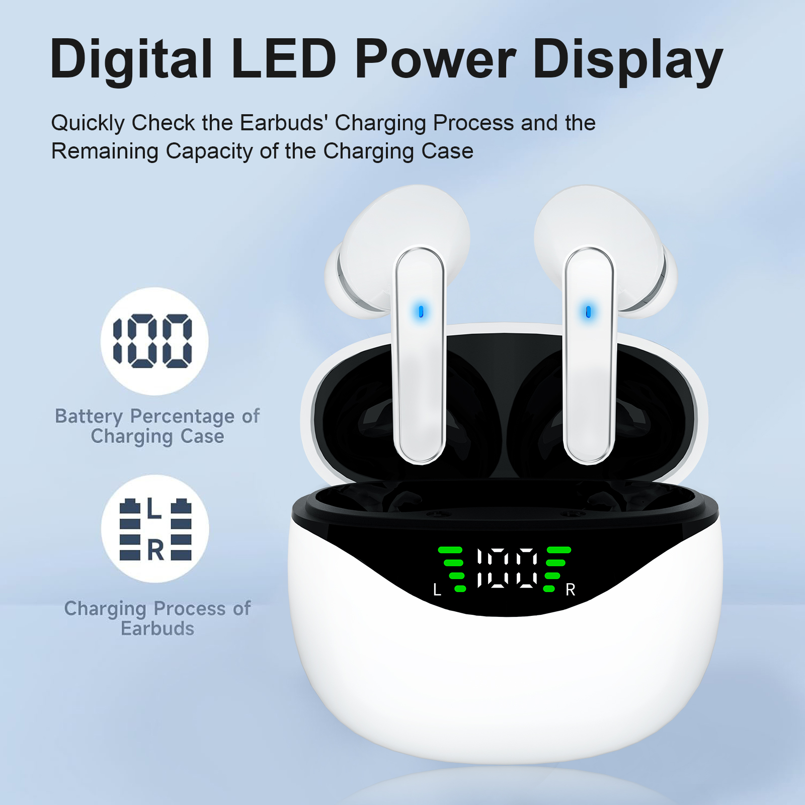 Weiße kabellose Ohrhörer in einem weißen Ladecase mit LED-Anzeige, die 100 % anzeigt.