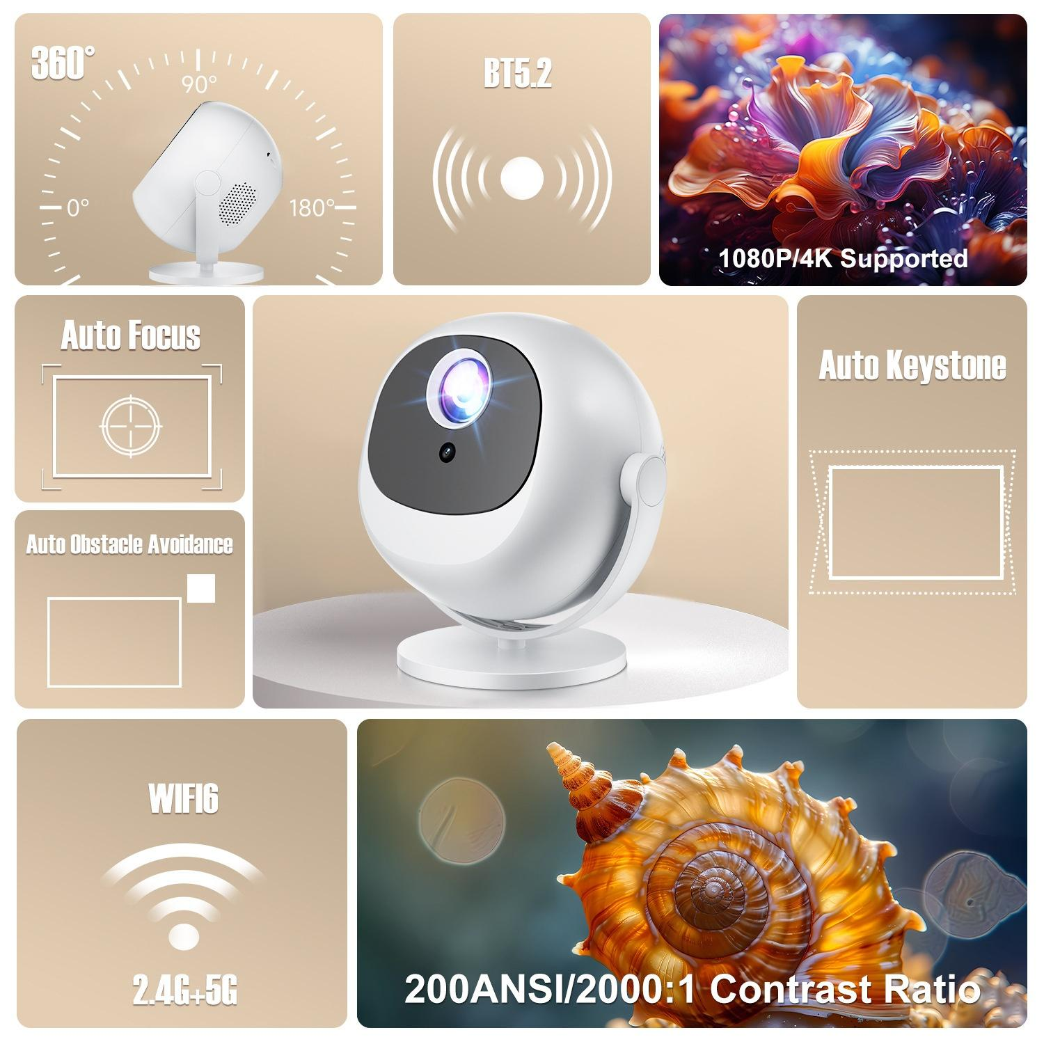 Projektorfunktionen: 360° Drehung, Autofokus, Hindernisvermeidung, BT5.2, WiFi6, 1080P/4K, automatische Trapezkorrektur, 200ANSI Kontrast.