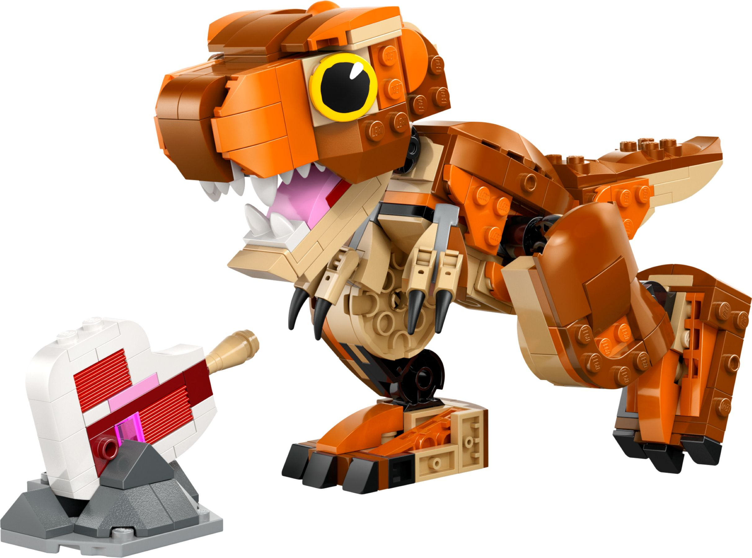 Ein orangefarbener Lego-Dinosaurier mit einem weißen Herzobjekt daneben.