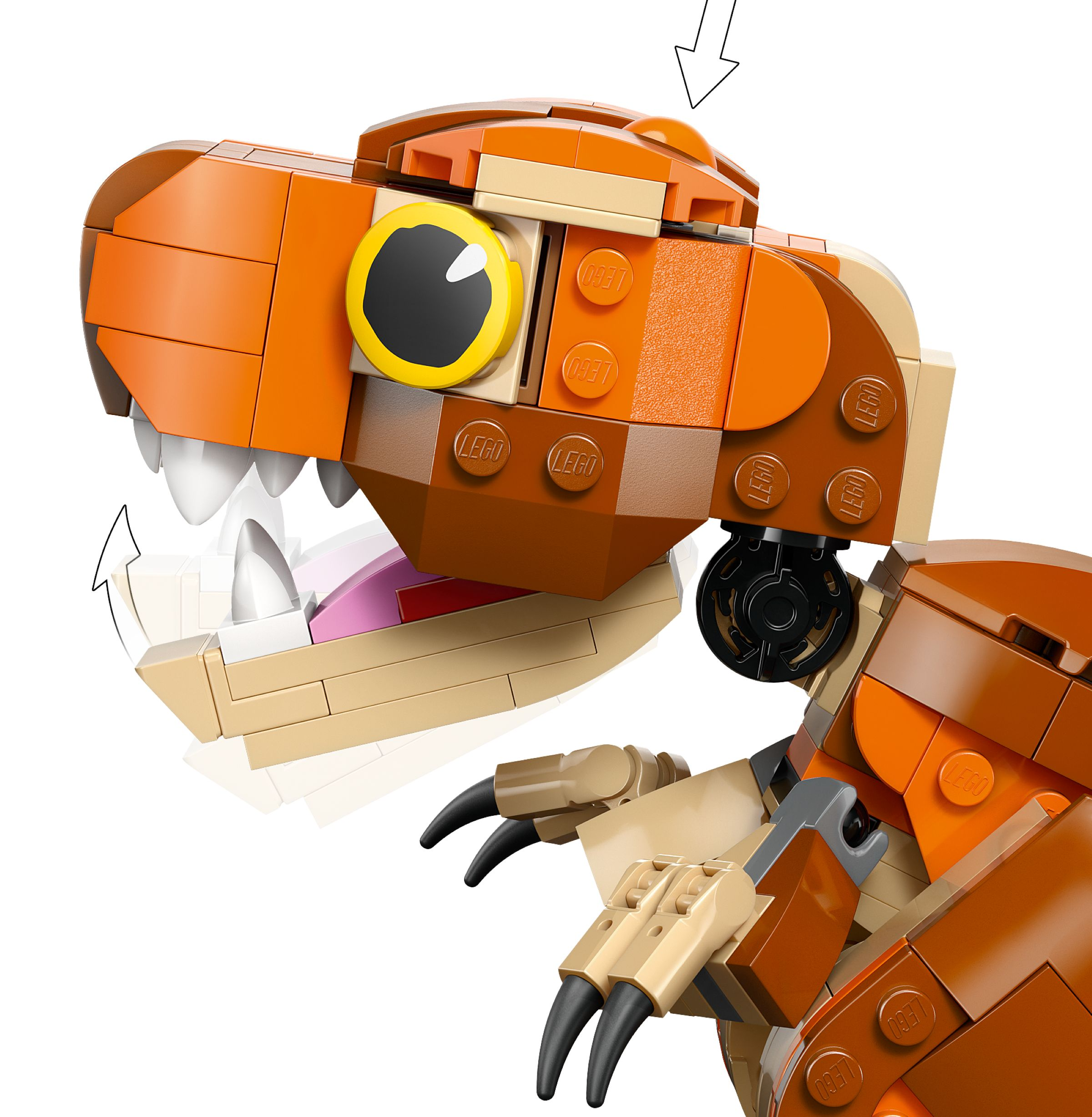 Ein orangebraunes Lego-Dinosaurier-Modell mit großen weißen Zähnen und einem gelben Auge.