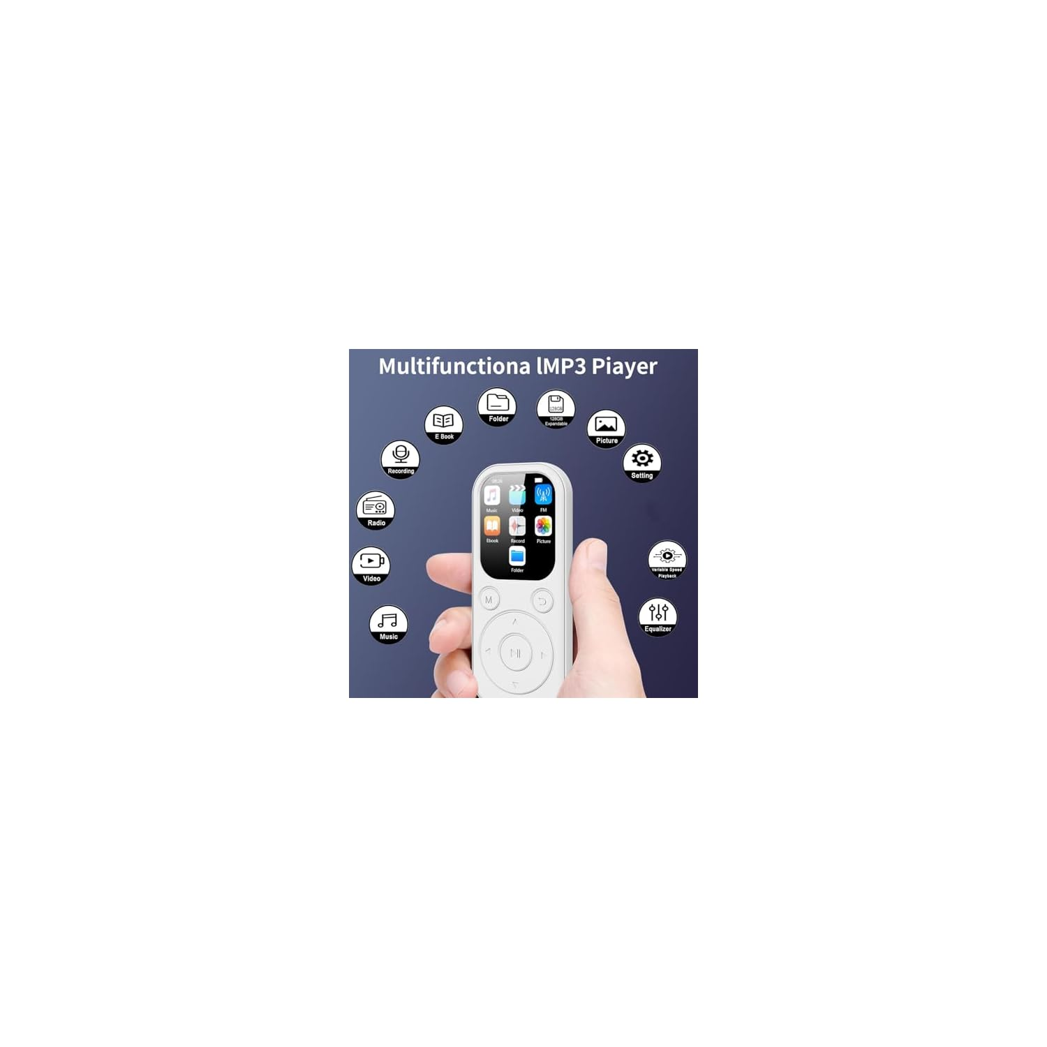 Ein Finger bedient einen Multifunktions-MP3-Player mit Symbolen für Radio, Aufnahme, Ordner, E-Book, Bild, Einstellung.