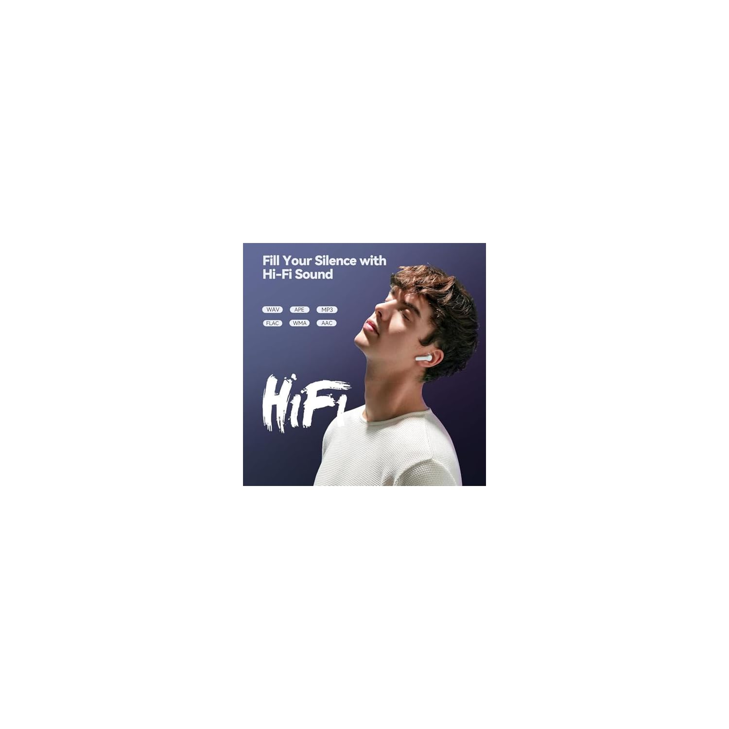 Mann mit weißen Ohrhörern hört Hi-Fi-Sound, unterstützt WAV, APE, MP3, FLAC, WMA, AAC.