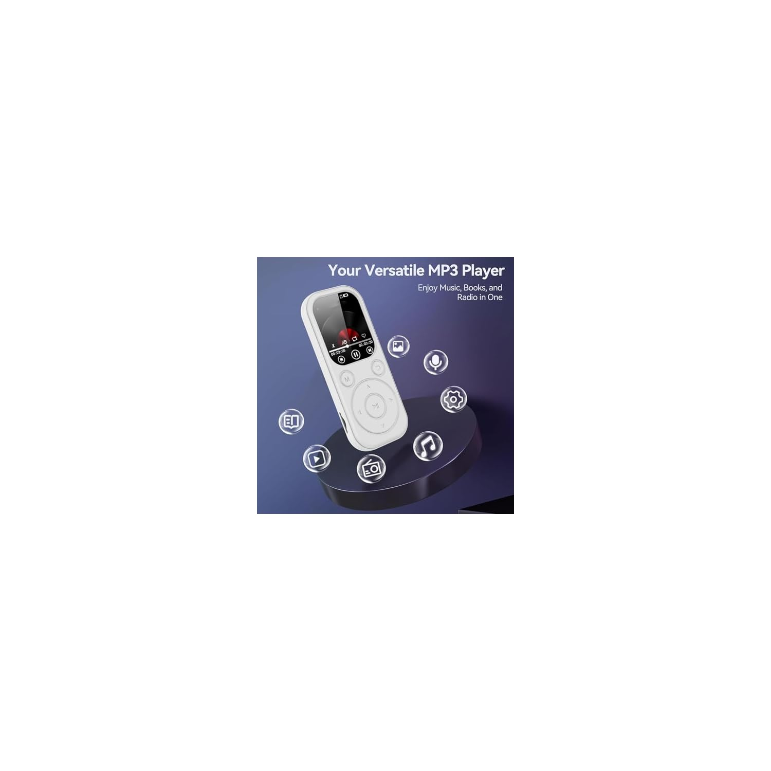 Ein weißer MP3-Player mit Bildschirm und Symbolen für Musik, Bücher, Radio.