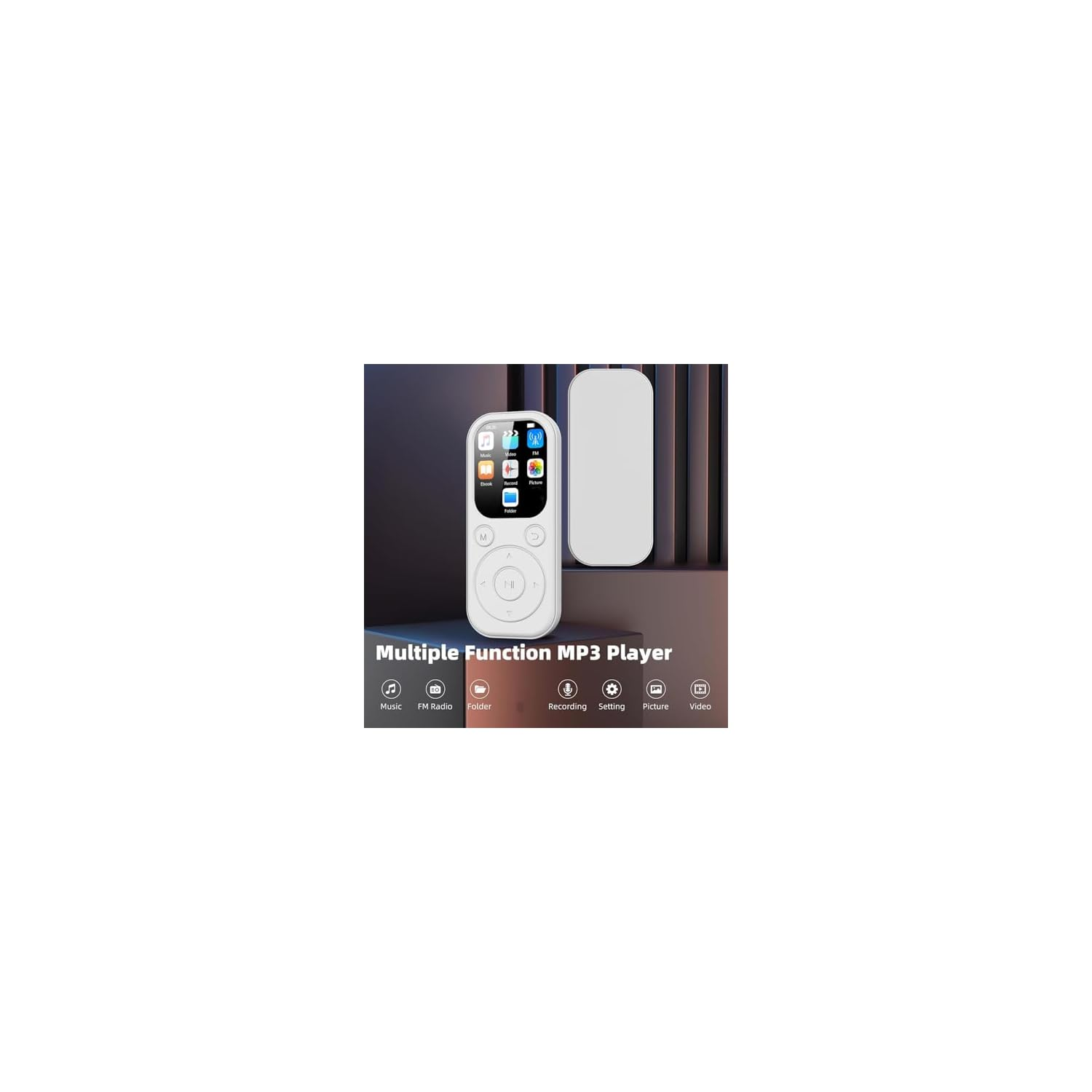 Ein weißer Multifunktions-MP3-Player mit Bildschirm und Tasten.