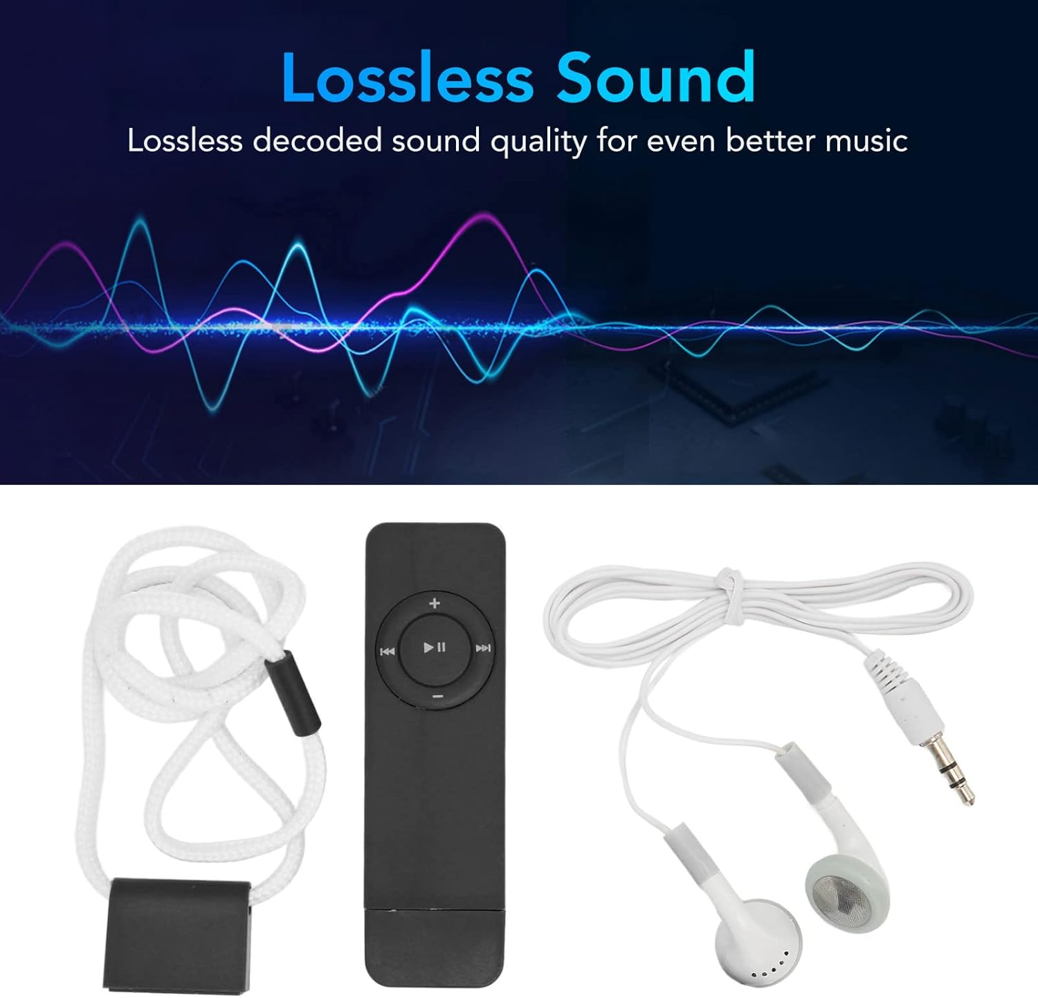 Digitaler Audioplayer mit Lanyard, Fernbedienung und weißen Ohrhörern auf weißem Grund.