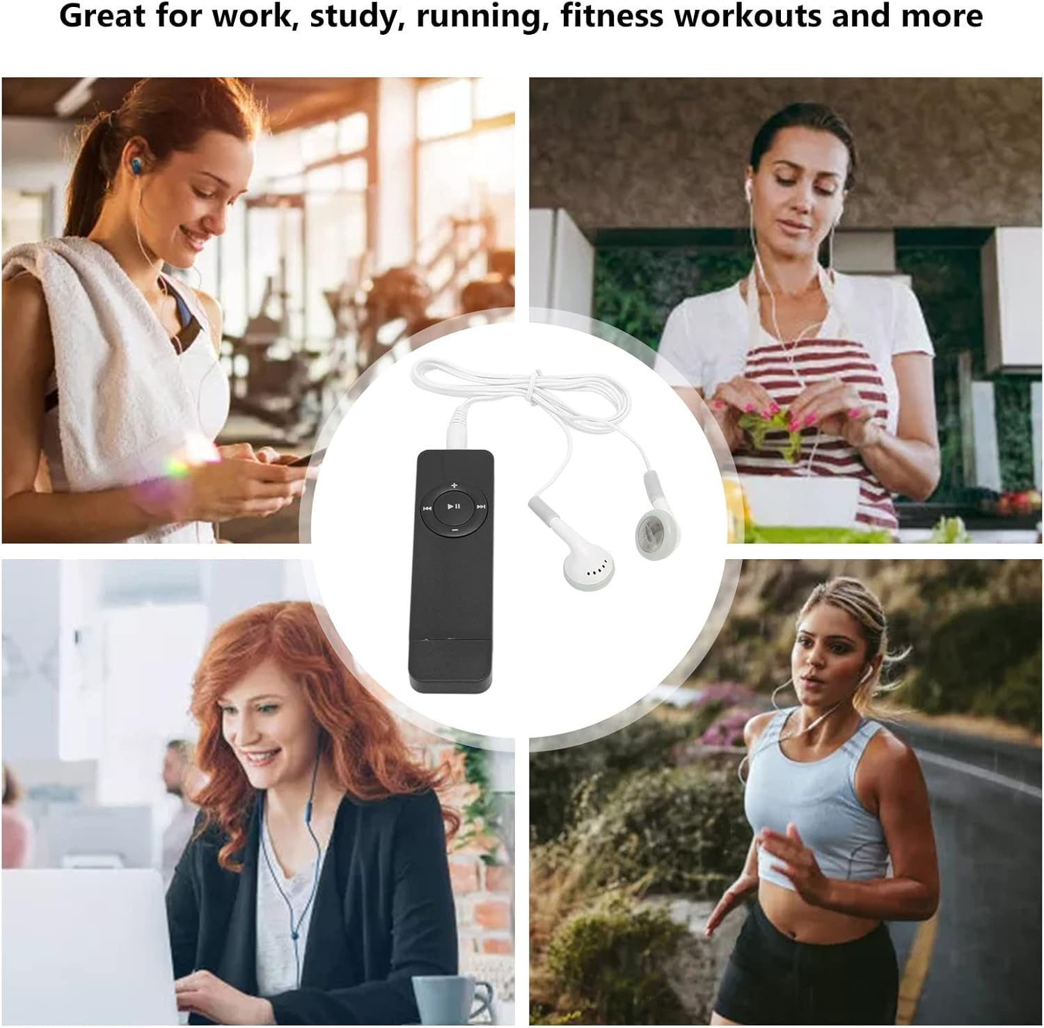 Frauen hören Musik beim Sport, Kochen und Arbeiten. Ein MP3-Player mit Ohrhörern ist abgebildet.