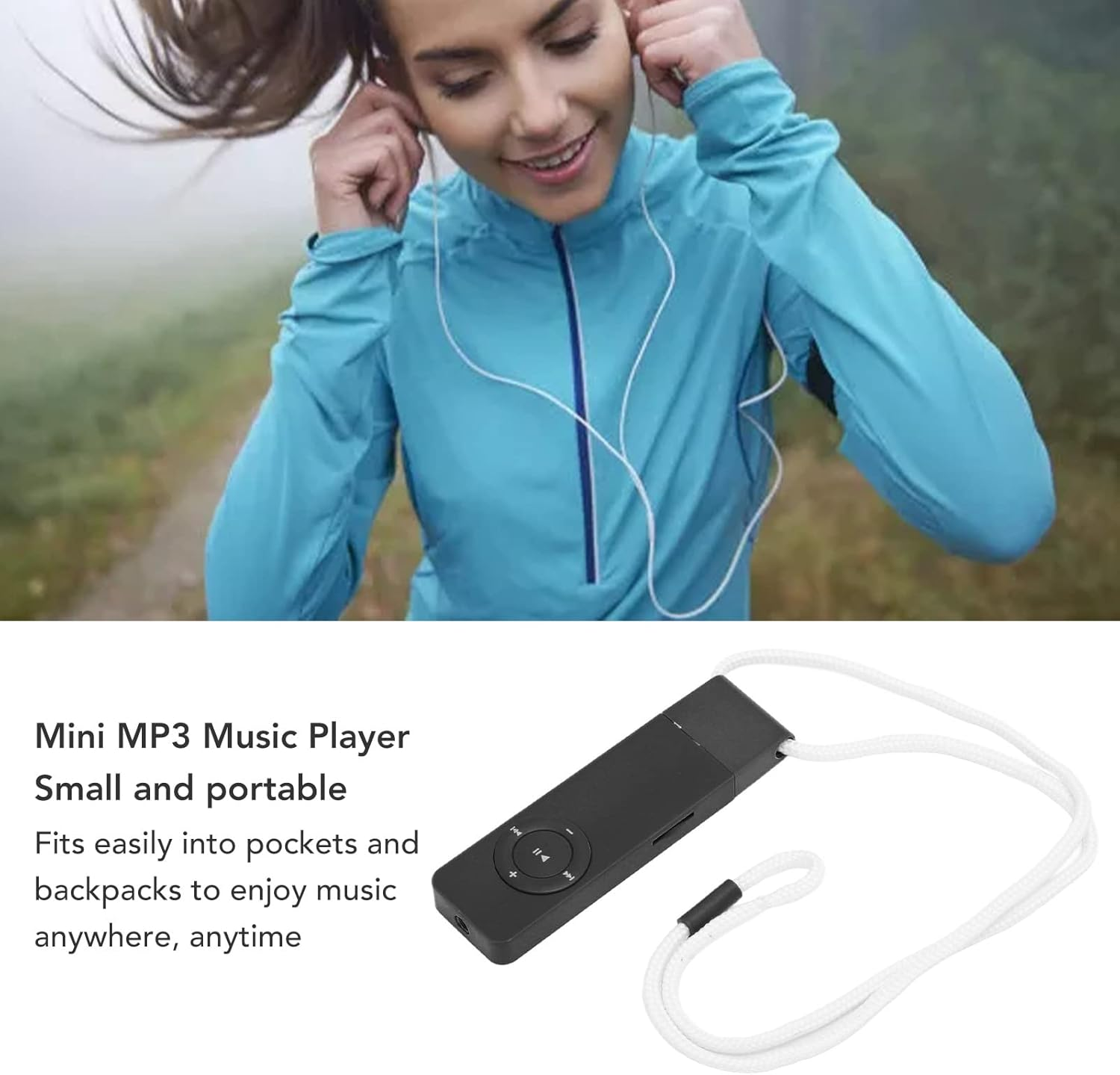 Frau mit Kopfhörern im Freien, daneben ein schwarzer MP3-Player mit Lanyard.
